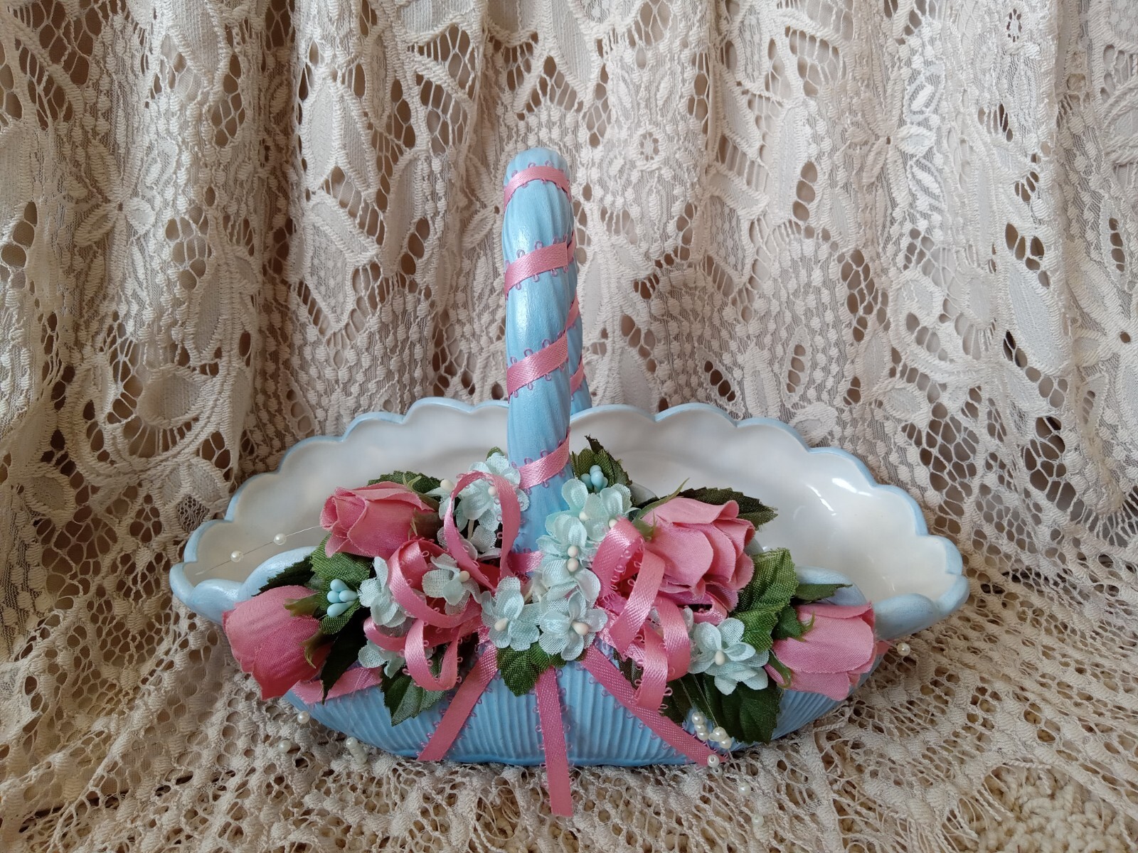 Handcrafted Vintage Ceramic Basket ~  Blue/Pink Faux Silk Flowers & Ribbon Decor