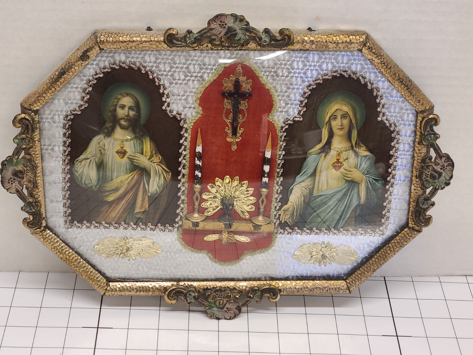 ANTIQUE ~ CATHOLIC SACRED HEART JESUS & IMMACULATE HEART VIRGIN MARY Litograph 