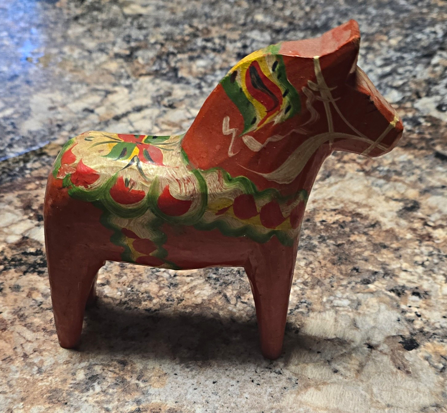 Hand Painted Wooden Horse Figurine Red Green Yellow Floral Pattern, Unboxed