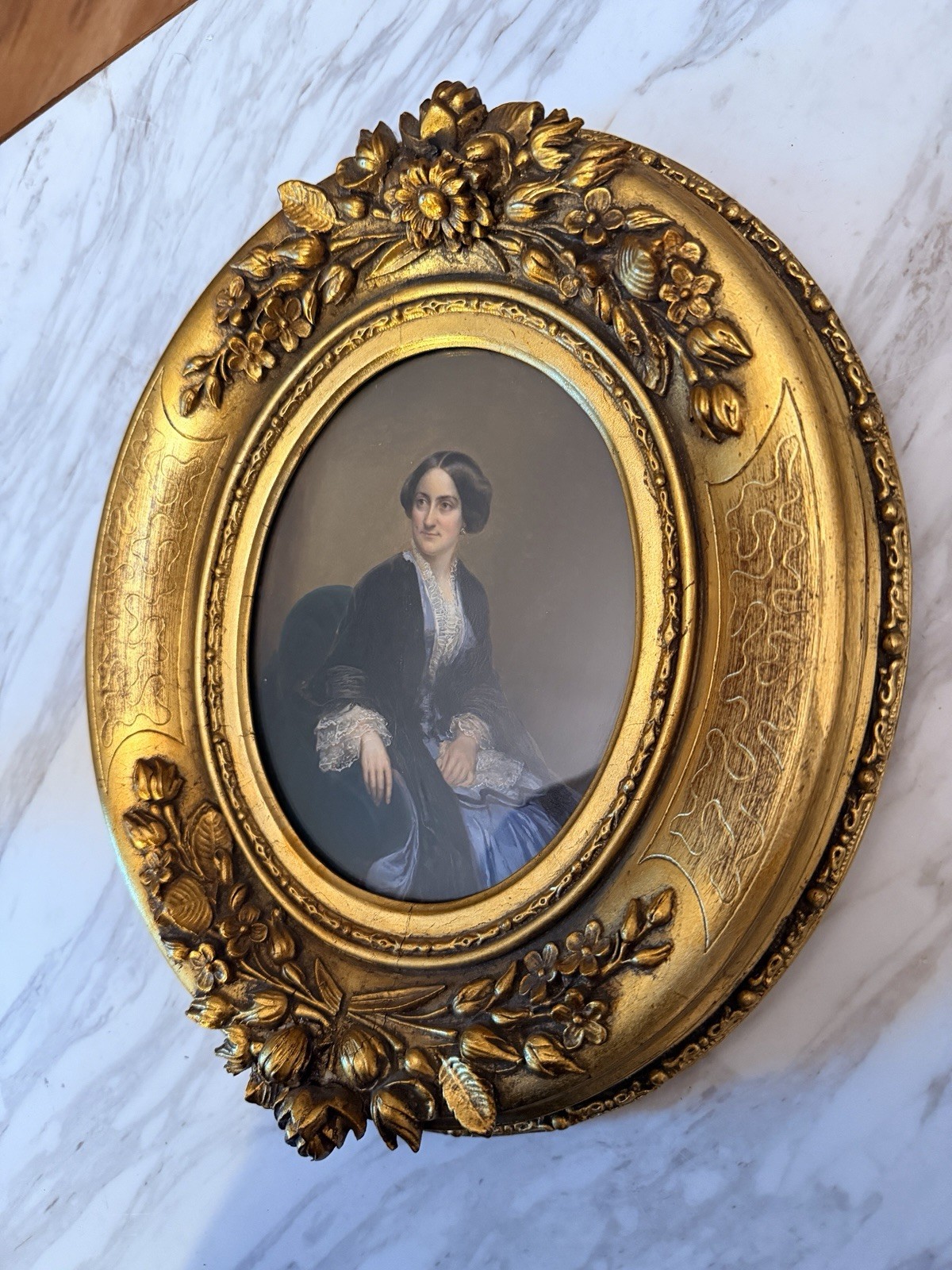 Antique 19th C Portrait of Lady Under Glass Ornate Gilt Floral Oval Frame 12”