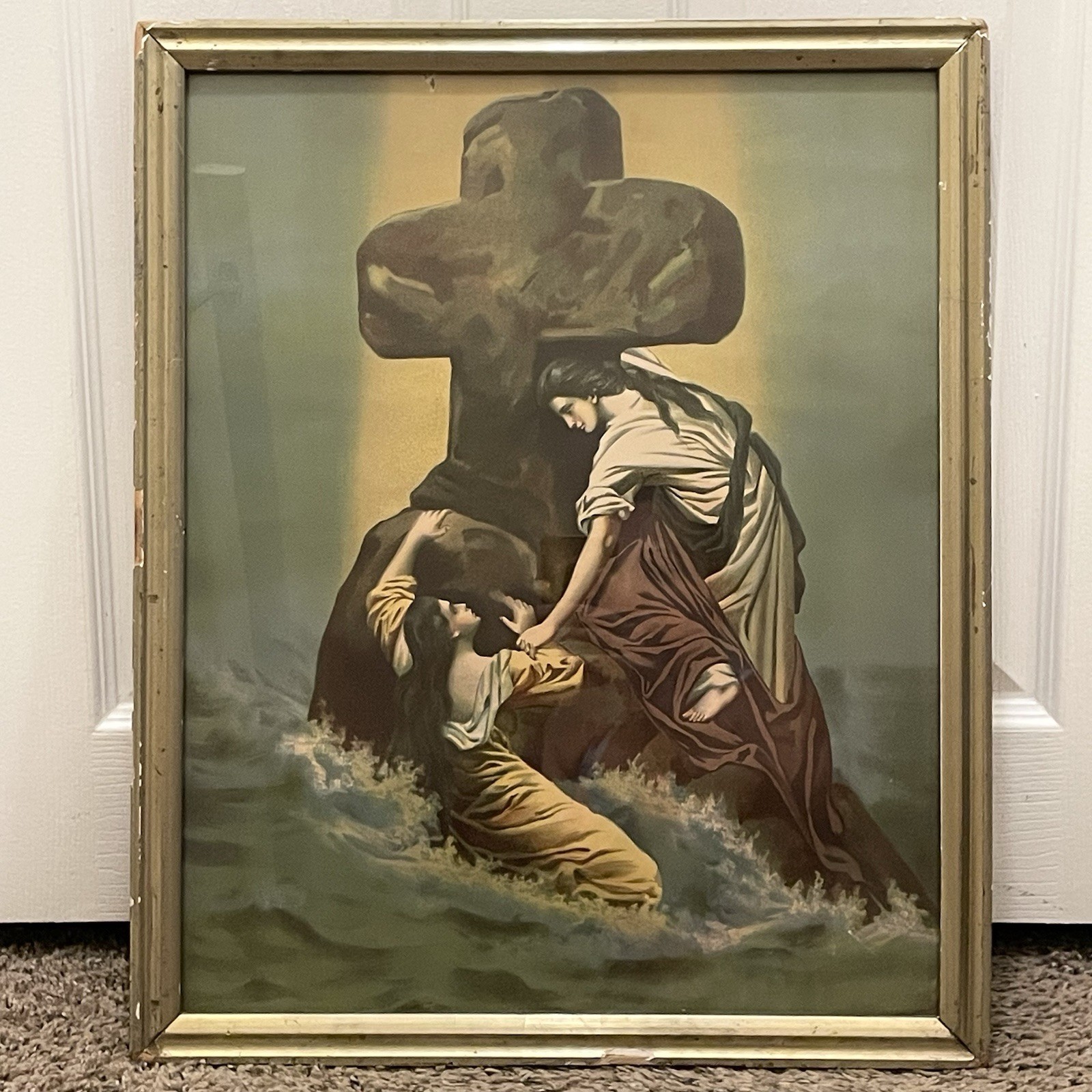 Antique 1911 Rock Of Ages Religious Lithograph Print Framed 17.5” x 22”