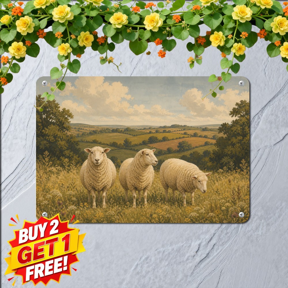 Pastoral Sheep Grazing In Golden Meadow Metal Tin Sign Country Wall Decor