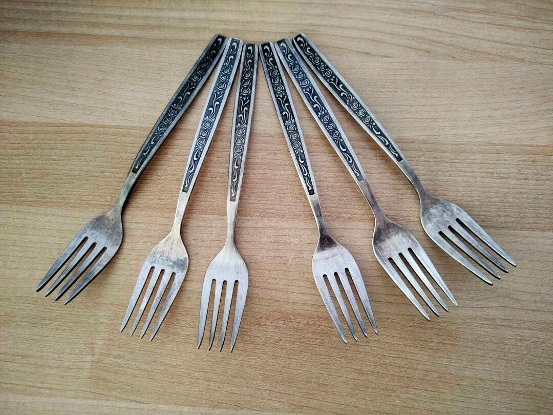 Vintage Soviet Ukraine USSR MNC Melchior Silver Plated Set of 6 Table Forks Vintage Soviet Ukraine USSR MNC Melchior Silver Plated Set of 6 Table Forks