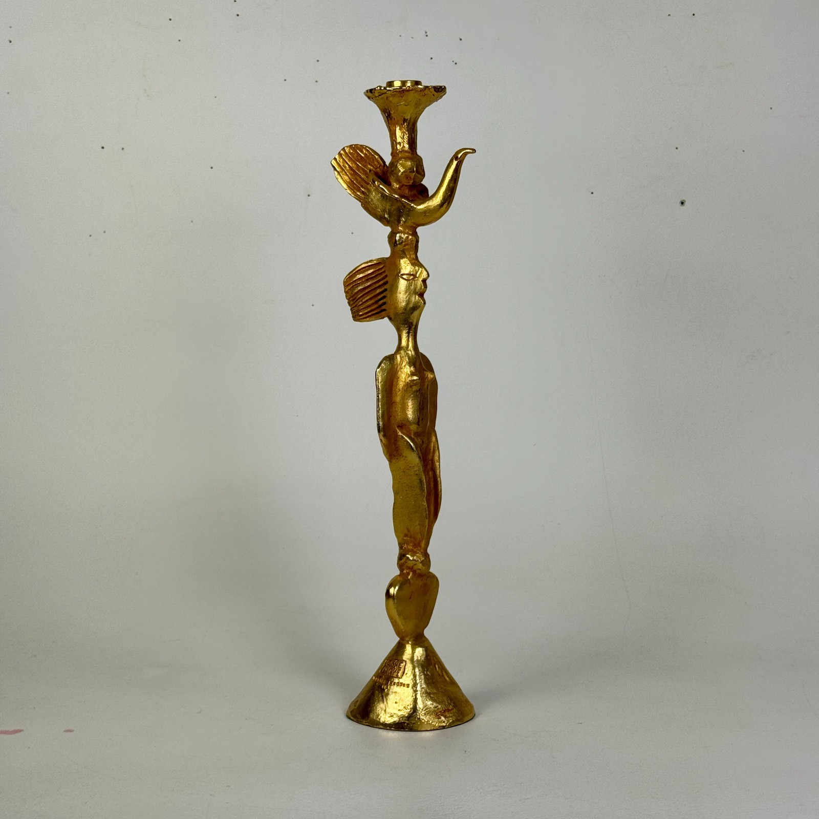 Pierre Casenove for Fondica France Vintage Gilt Bronze Woman & Bird Candlestick