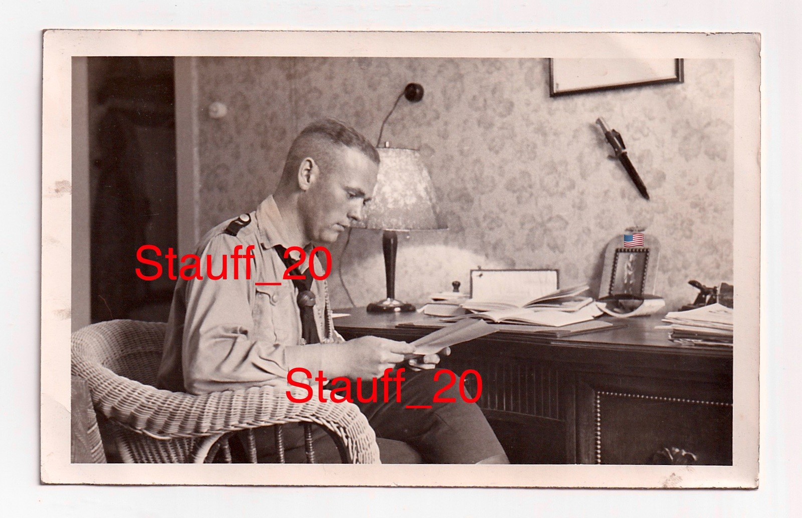 WW2 Era Private Photo Postcard of Senior Jugend at Home Office/Desk