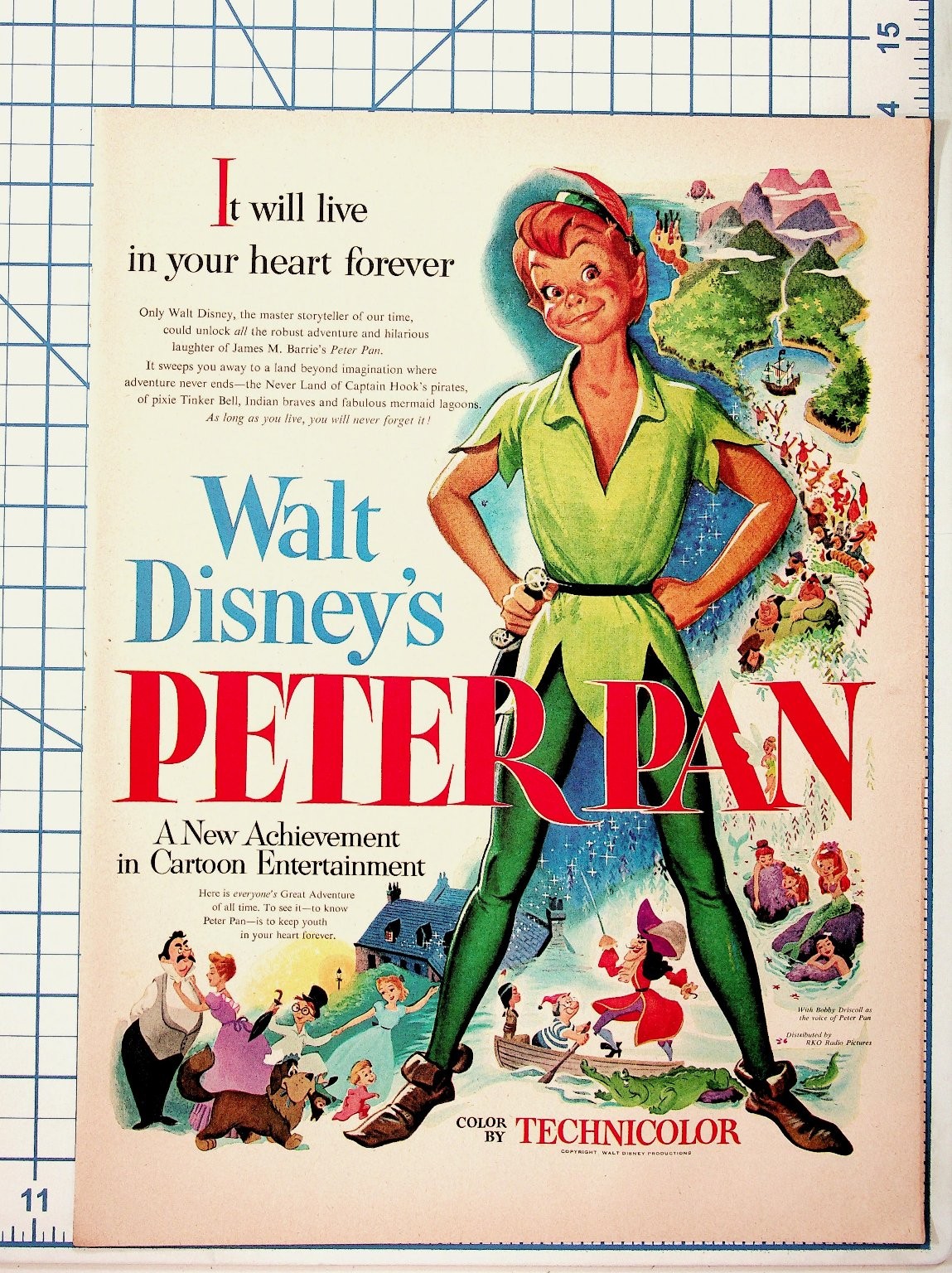 1953 Walt Disney's Peter Pan Movie Film Ad Vintage Original Technicolor Art