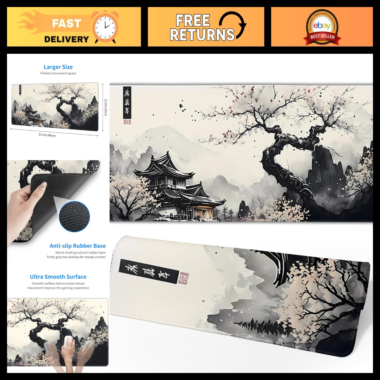 Japanese Mouse Pad, Large Japanese Desk Mat, XL Anime Gaming Keyboard Mat, Non-S