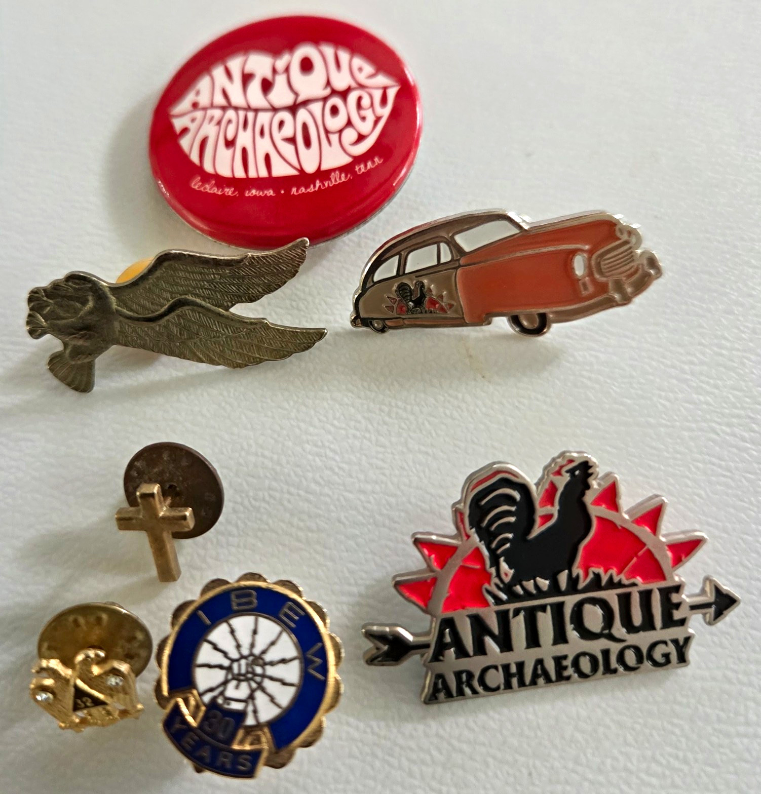Antique Archaeology Pinback/Lapel Pin Lot of 6 w/ Eagle, Car, IBEN 30 Years