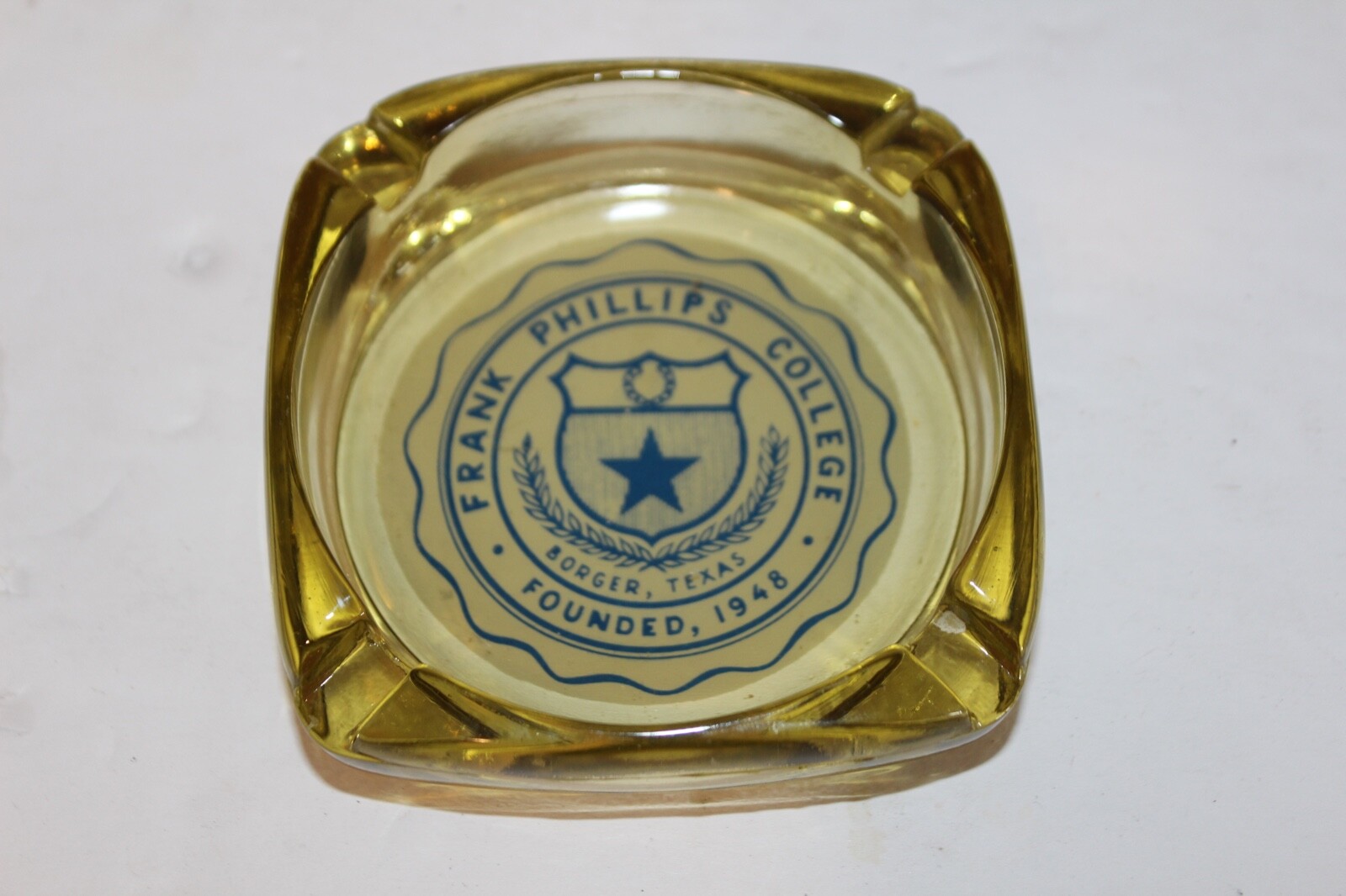 Vintage Frank Phillips College Borger TX Glass Ashtray 1948 Advertising 3.25”