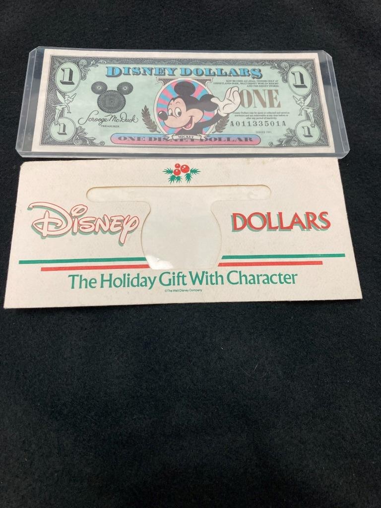 💥 Vtg 1991 $1 Disney Dollar Series A Mickey Mouse Serial #A01133501A W/Envelope