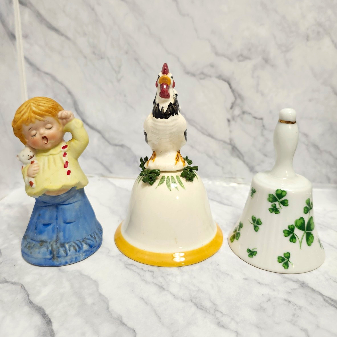 Vintage Lot of 3 Ceramic Hand Painted Bells Rooster & Floral 1970s White