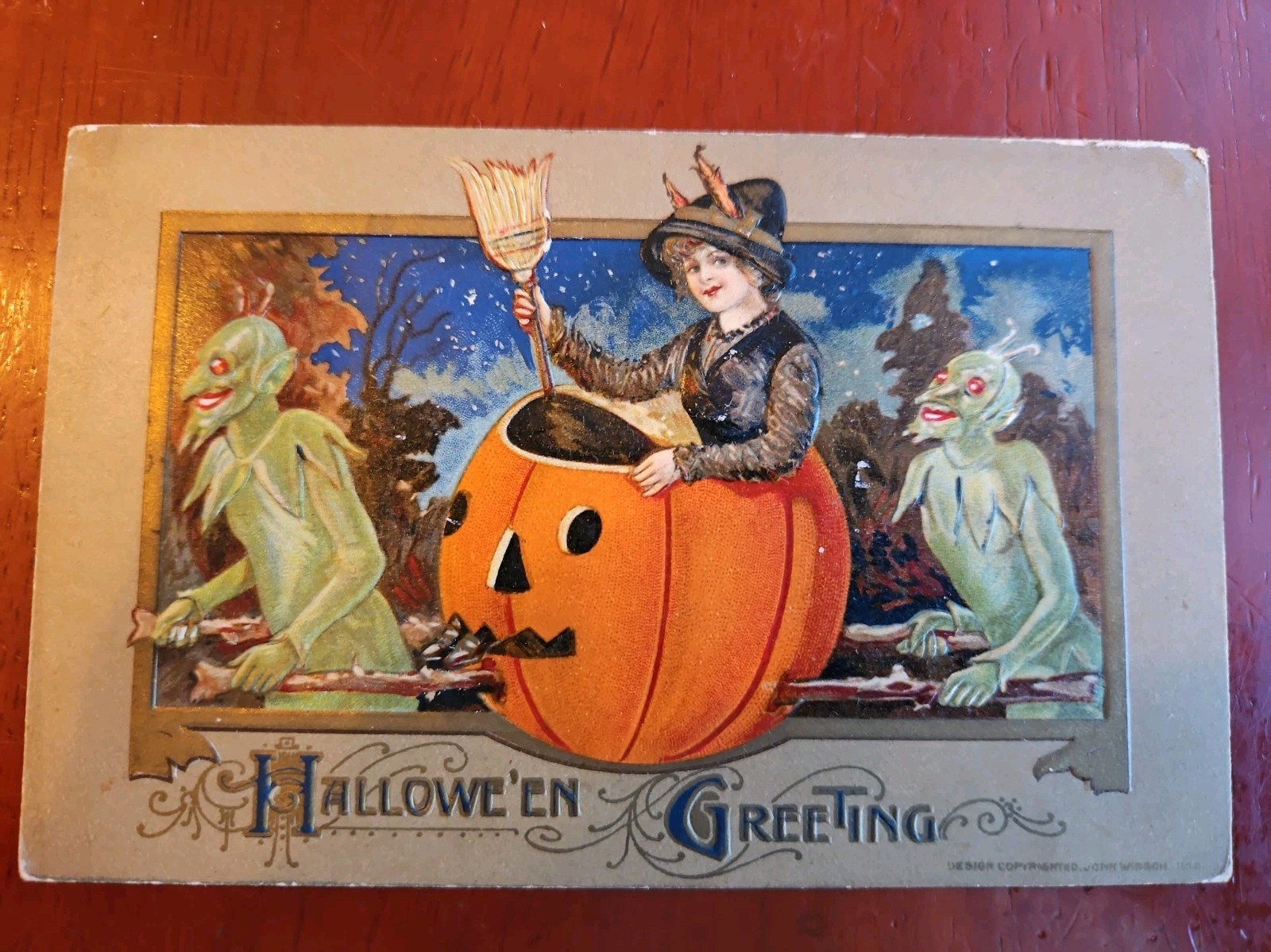 Halloween Antique Postcard Winsch Schmucker Green Goblins and Witch In JOL RARE