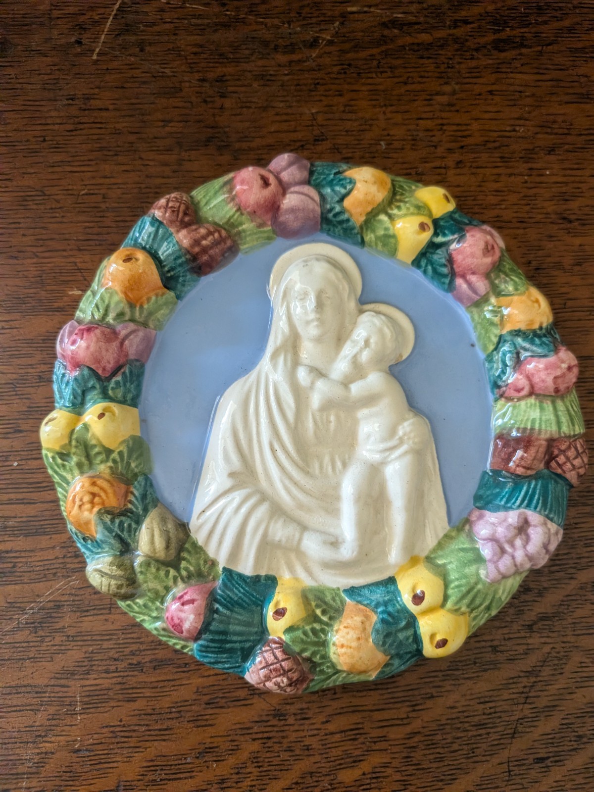 Vint Italian Madonna and Child Wall Plaque Fruit Wreath Relief 6 Made in Italy