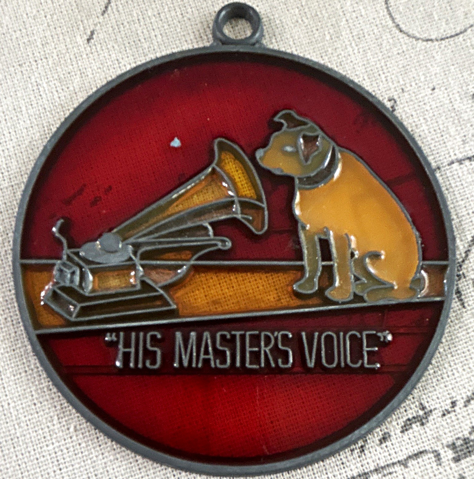 Vtg RCA Phonograph Nipper Dog His Master's Voice Stained Glass Sign ornament