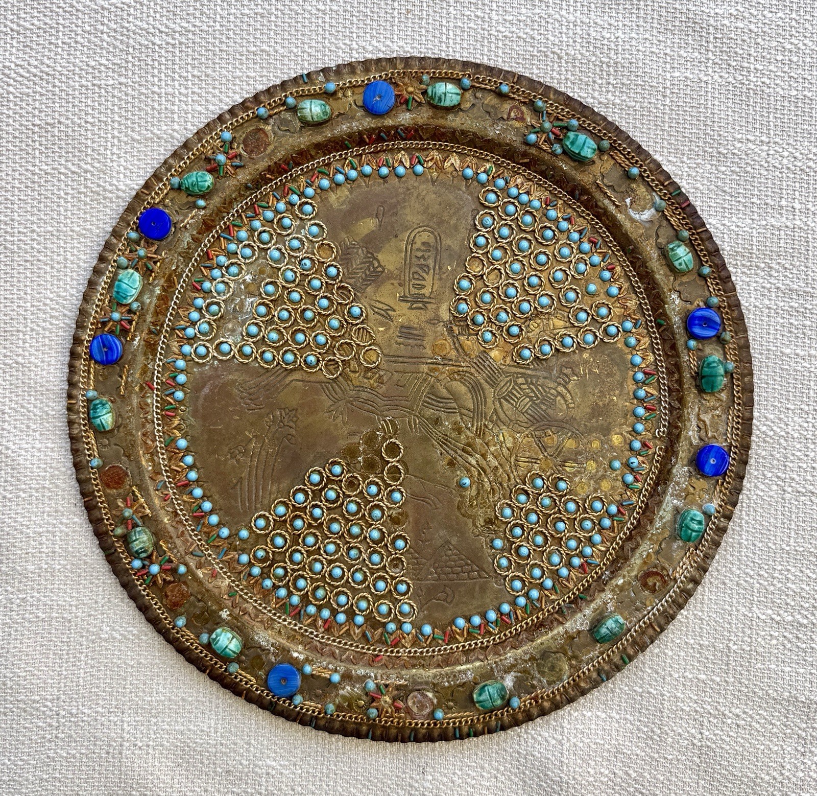 Vintage Egyptian Revival Brass Tray Scarab Beaded Filigree Hieroglyphic 10.5”
