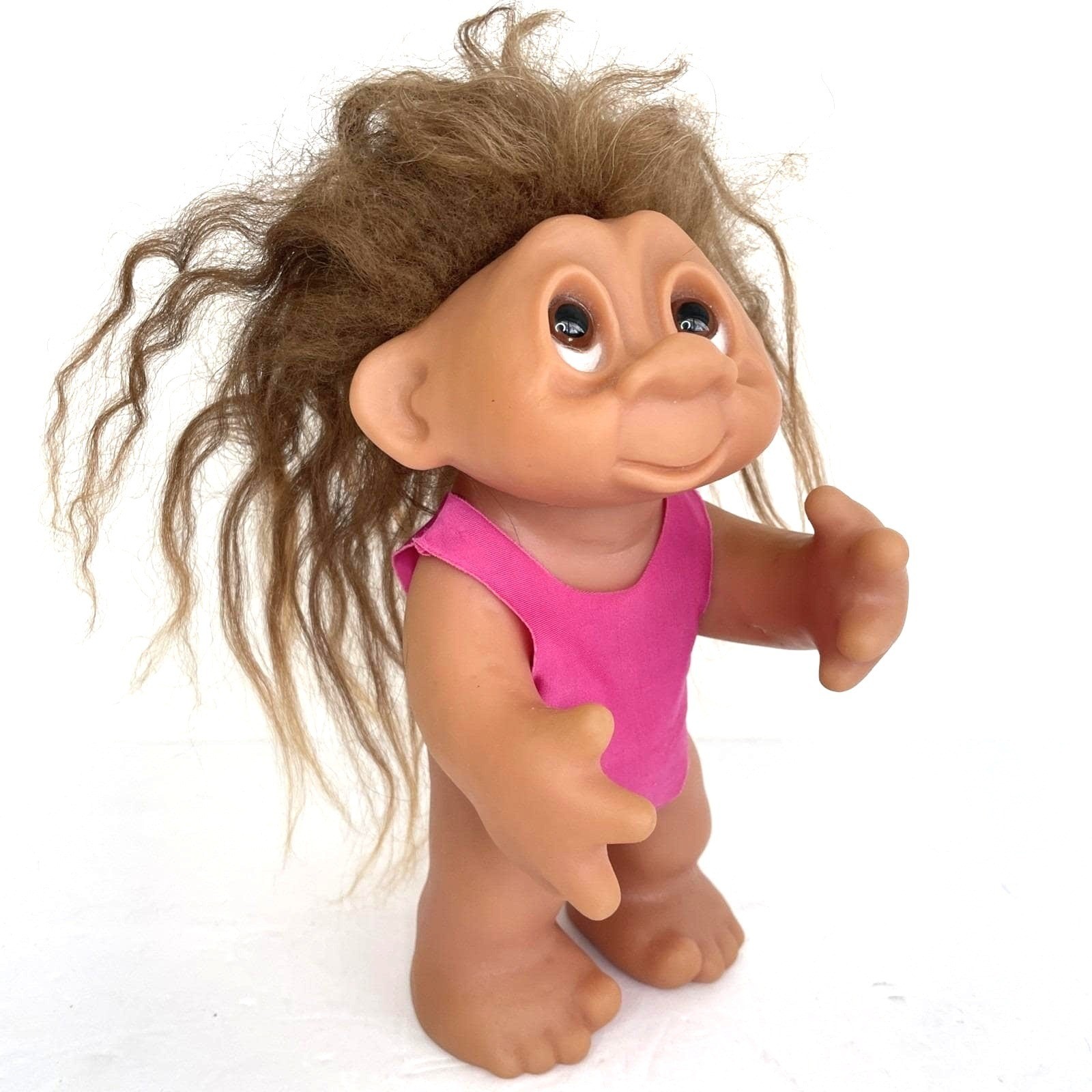 Vintage 1985 Dam Troll Doll Made in Denmark Brown Hair Pink Bodysuit 604