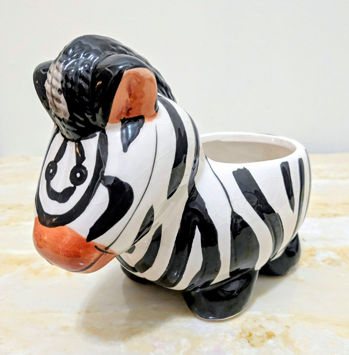 Vintage Ceramic Zebra Planter Whimsical Animal Pot Succulent Vase 6.5” Crazed
