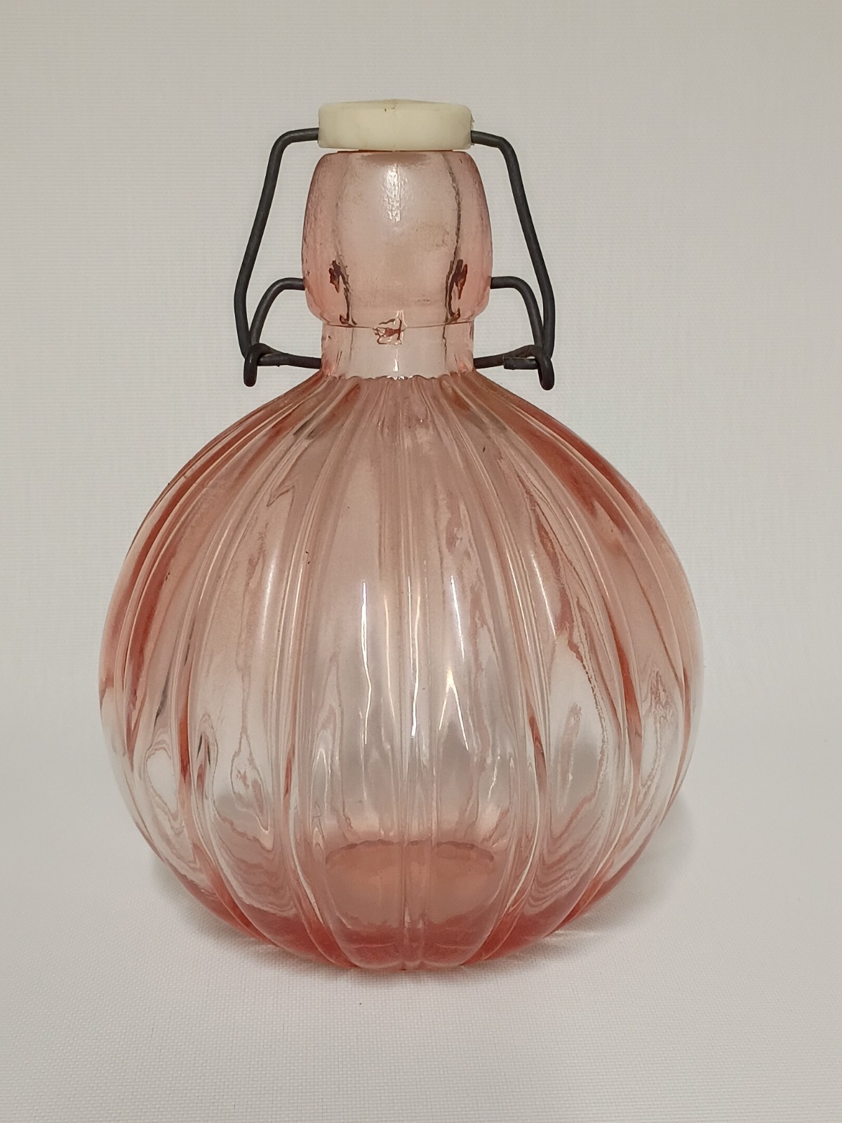 Vintage Pink Glass Depression Bulbous Decanter Bottle with Wire Bail Rubber Seal