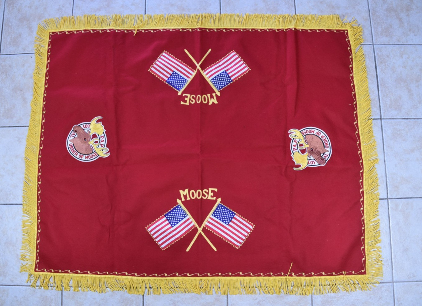 Vintage Royal Order of Moose Tablecloth C.E. Ward Ohio Fringed American Flag