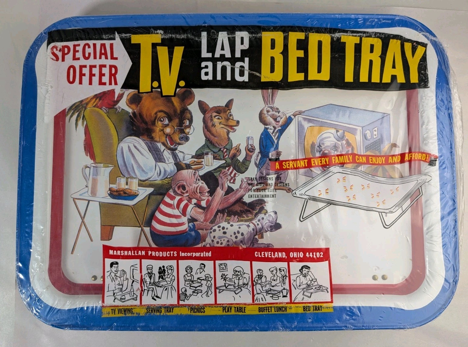 Vintage 1960’s TV Dinner Metal Lap Bed Tray Animals Bozo Clown Marshallan New