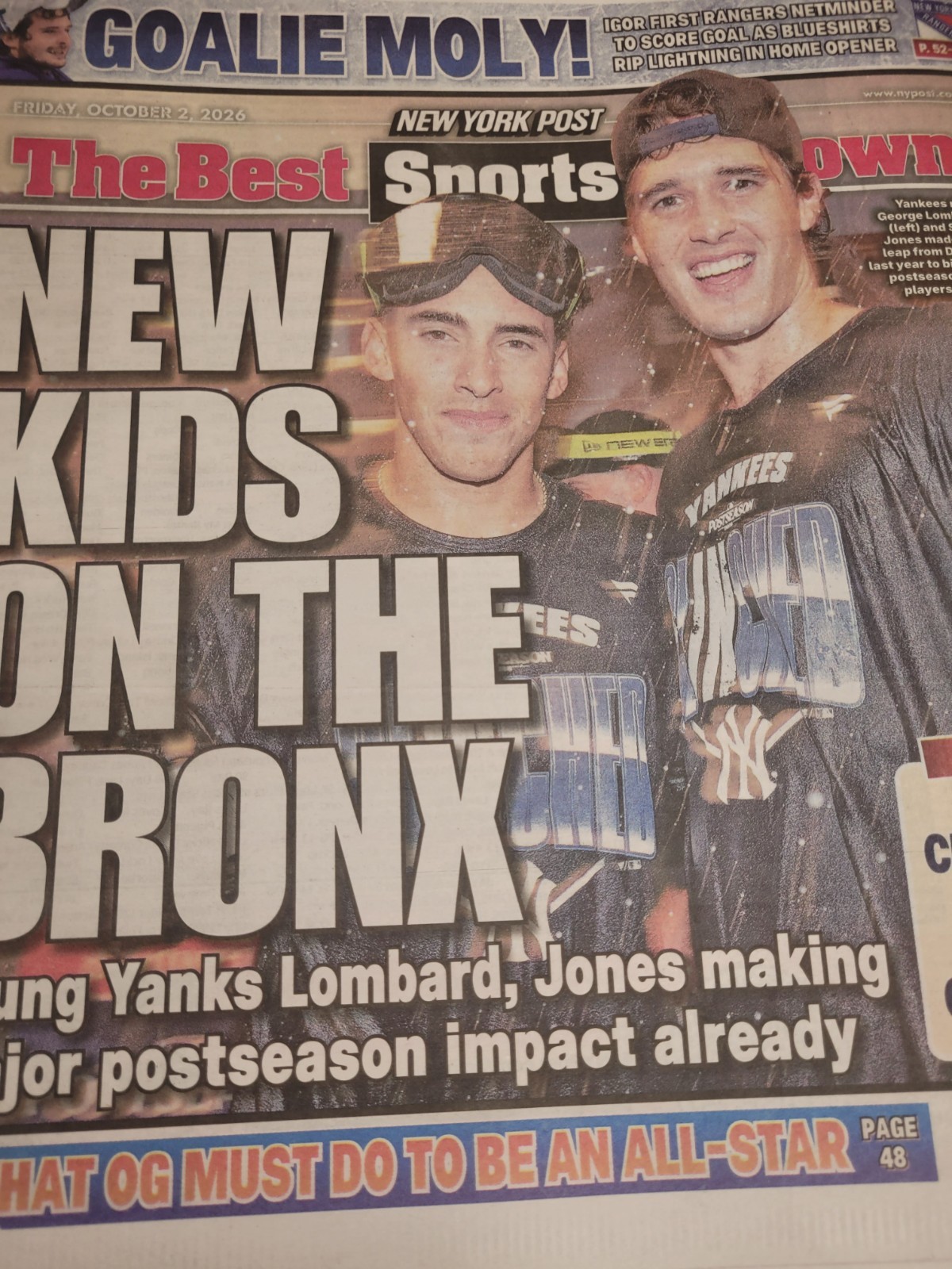 NEW KIDS ROOKIE GEORGE LOMBARD SPENCER JONES YANKEES WIN NY POST 10/2 2026