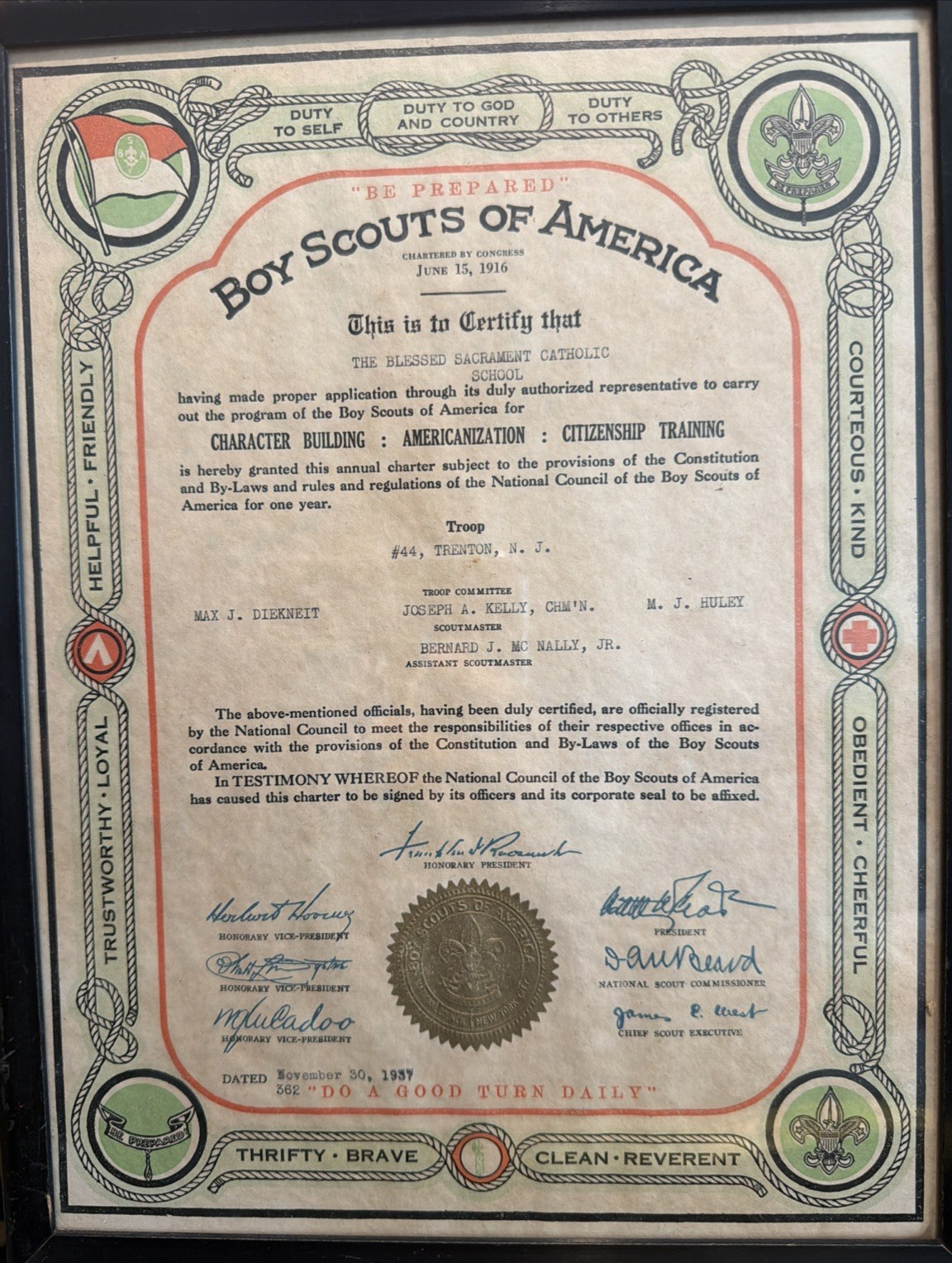 1937 Boy Scouts of America Program Certificate Blessed Sacrament School Trenton