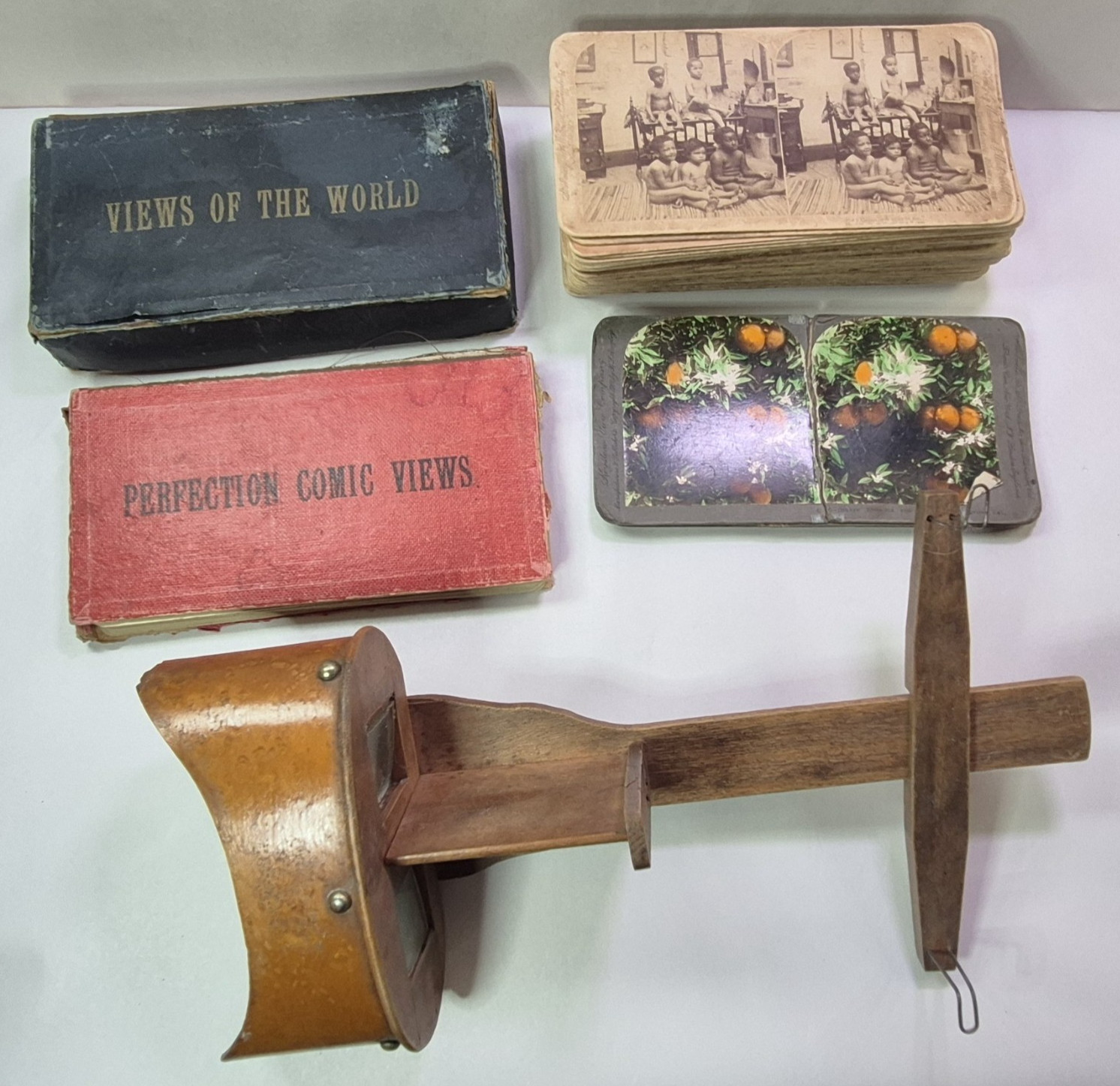 Antique Wood Stereoscope Viewer & 116 Stereoview Cards 1890s - 1910s Estate Find