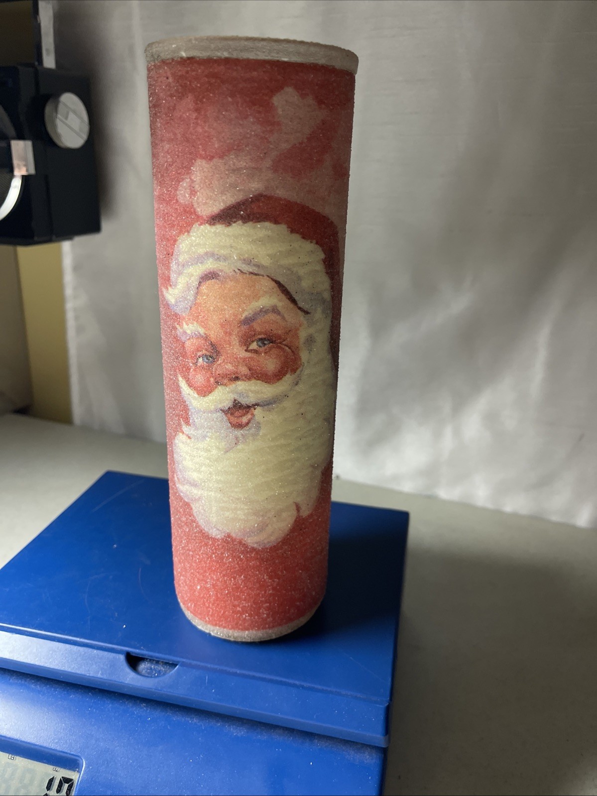 Vintage Jolly Santa Claus Sugar Frosted Glass Pillar Christmas Candle 9\