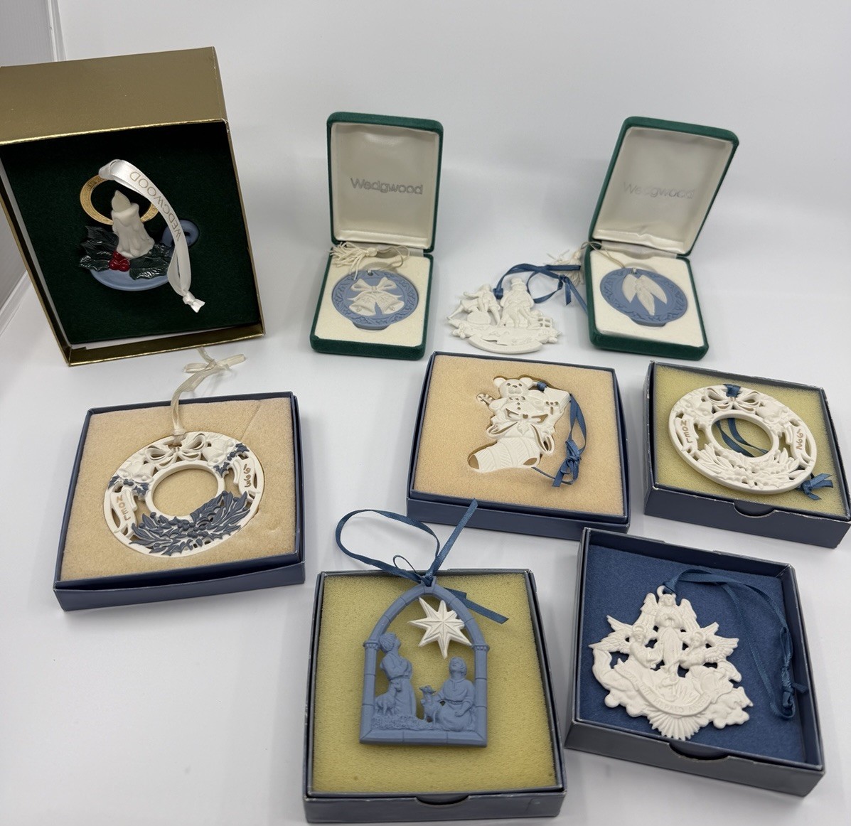 Wedgwood England White & Blue Jasperware Ornaments, Lot Of 9, Stamped, Vintage