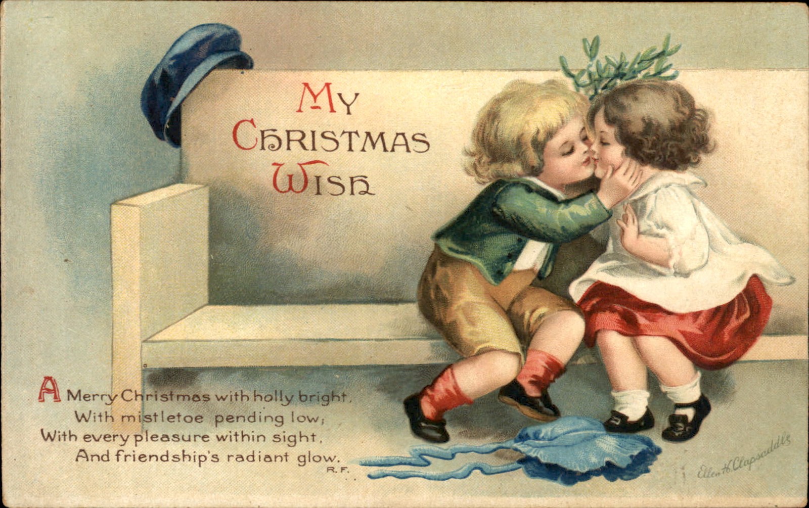 Christmas Children Kissing Clapsaddle c1900s-10s Vintage Postcard bhn