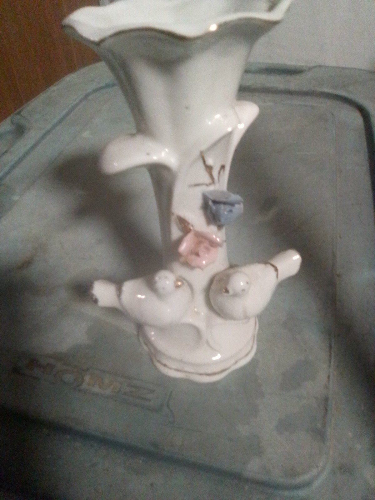 Vintage Young's Imports Co Porcelain Bud Vase Twin Doves Lovebirds Pink Rose...