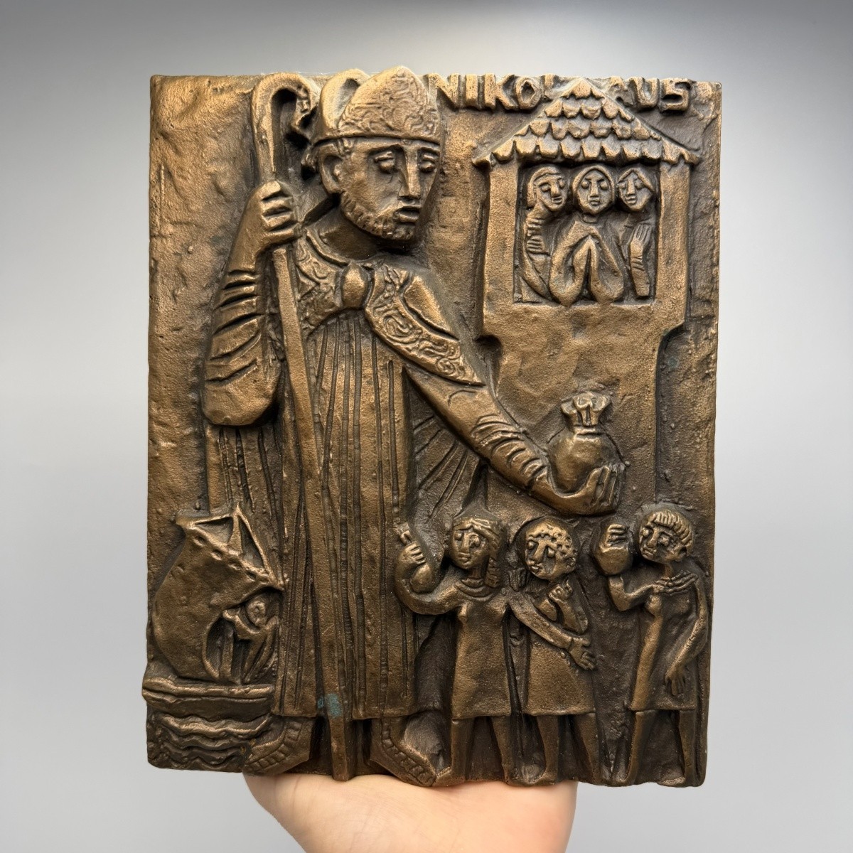 Style German Religious Vintage Saint Nicholas Bronze Relief Plaque Egino Weinert
