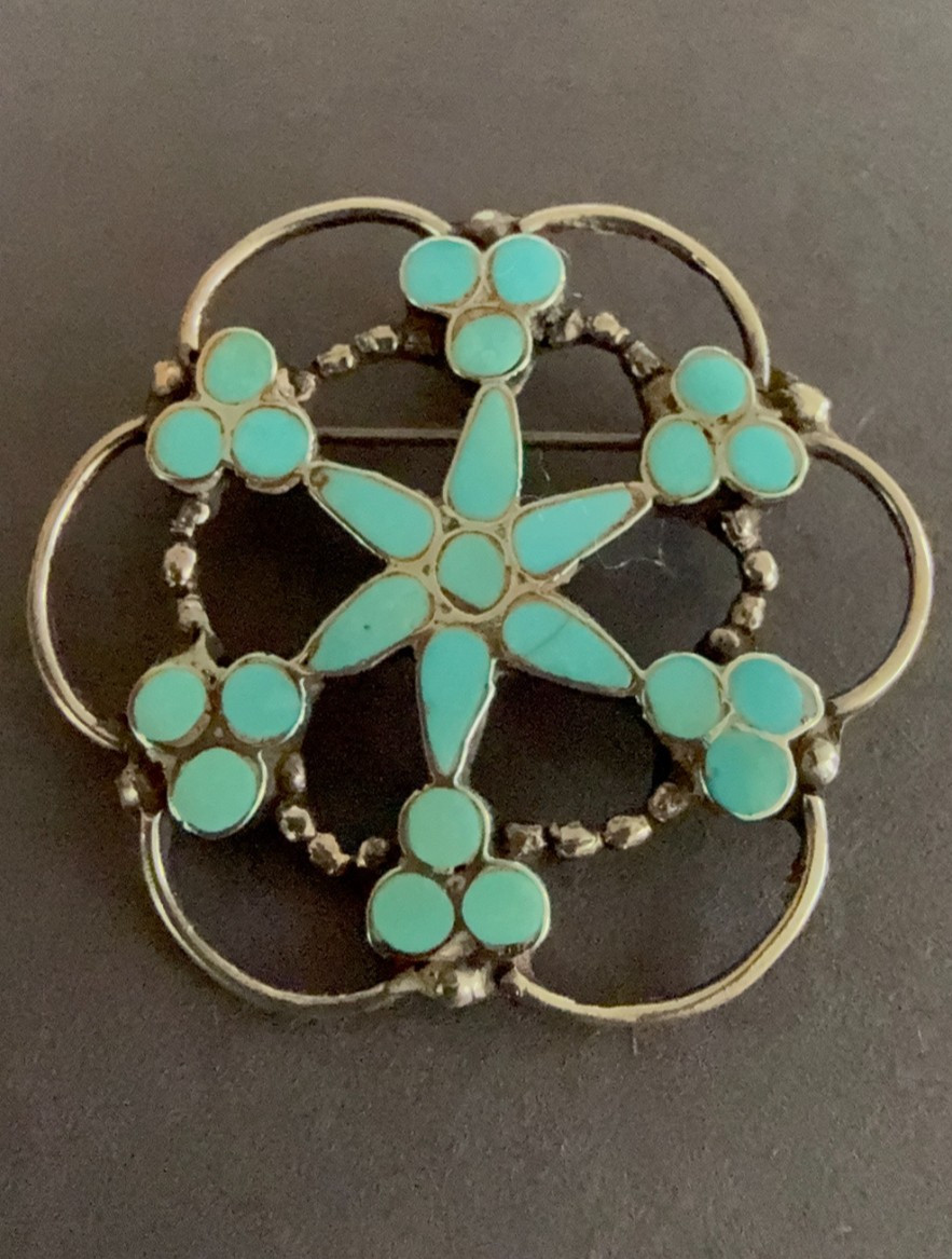 Vtg Zuni Dishta Style Turquoise Star Pin Brooch Signed Zuni NM