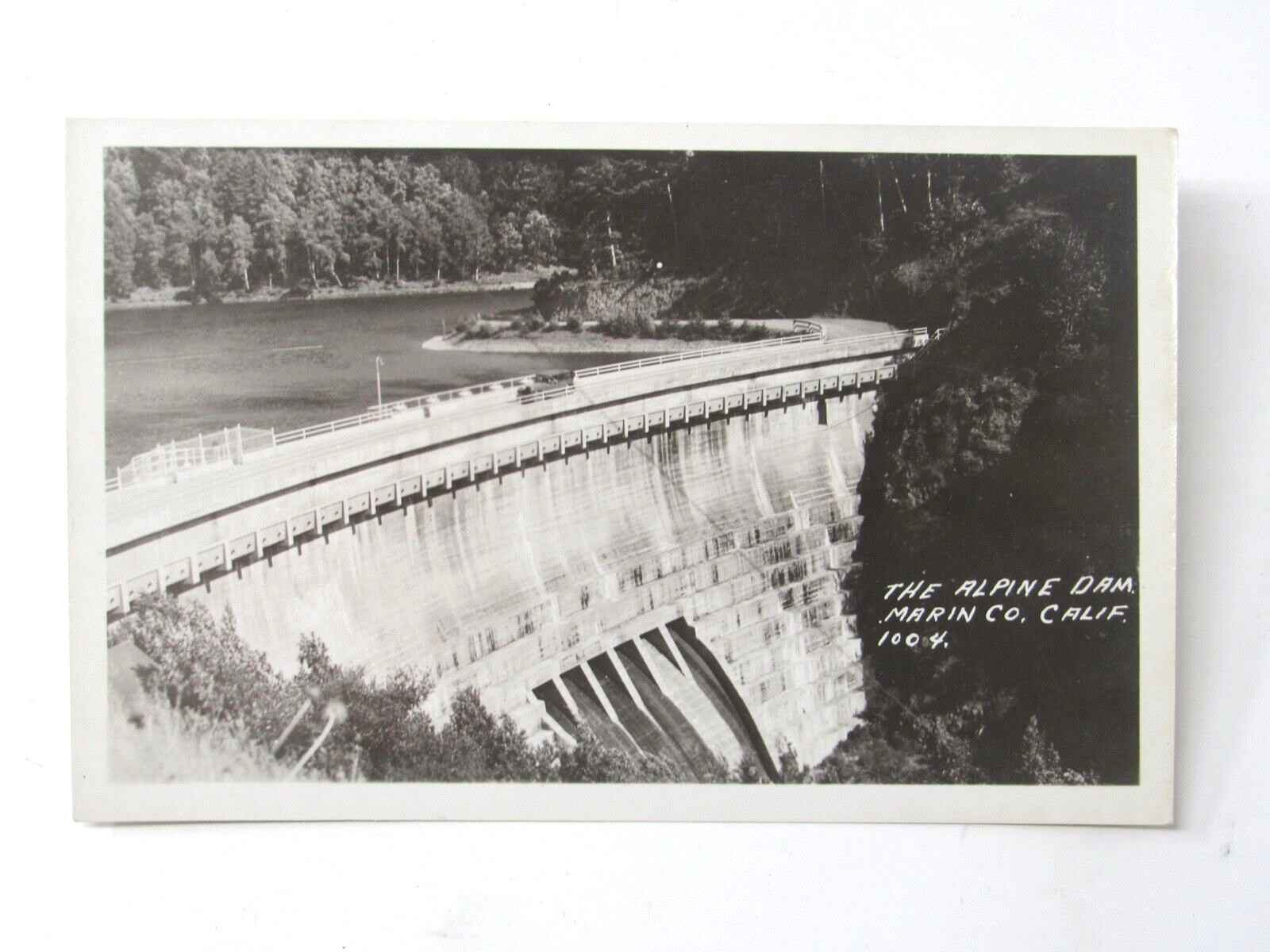 Alpine Dam Marin County CA c1930 RPPC Postcard Spillway Old Car on Road Crossing