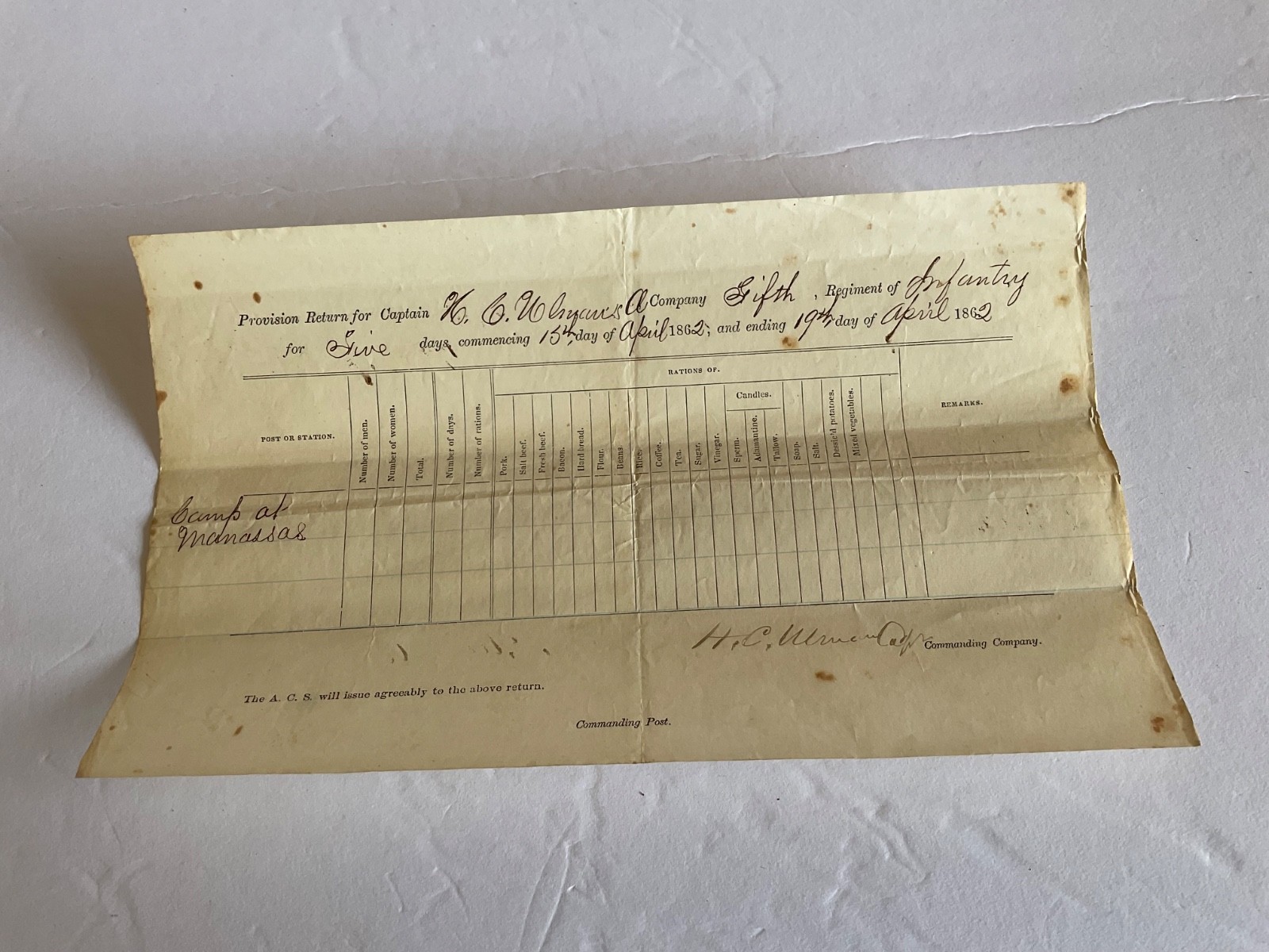 CIVIL WAR  1862 CAMP AT MANASSAS PROVISIONS RETURNS FIFTH RGT INFY FOR FIVE DAYS