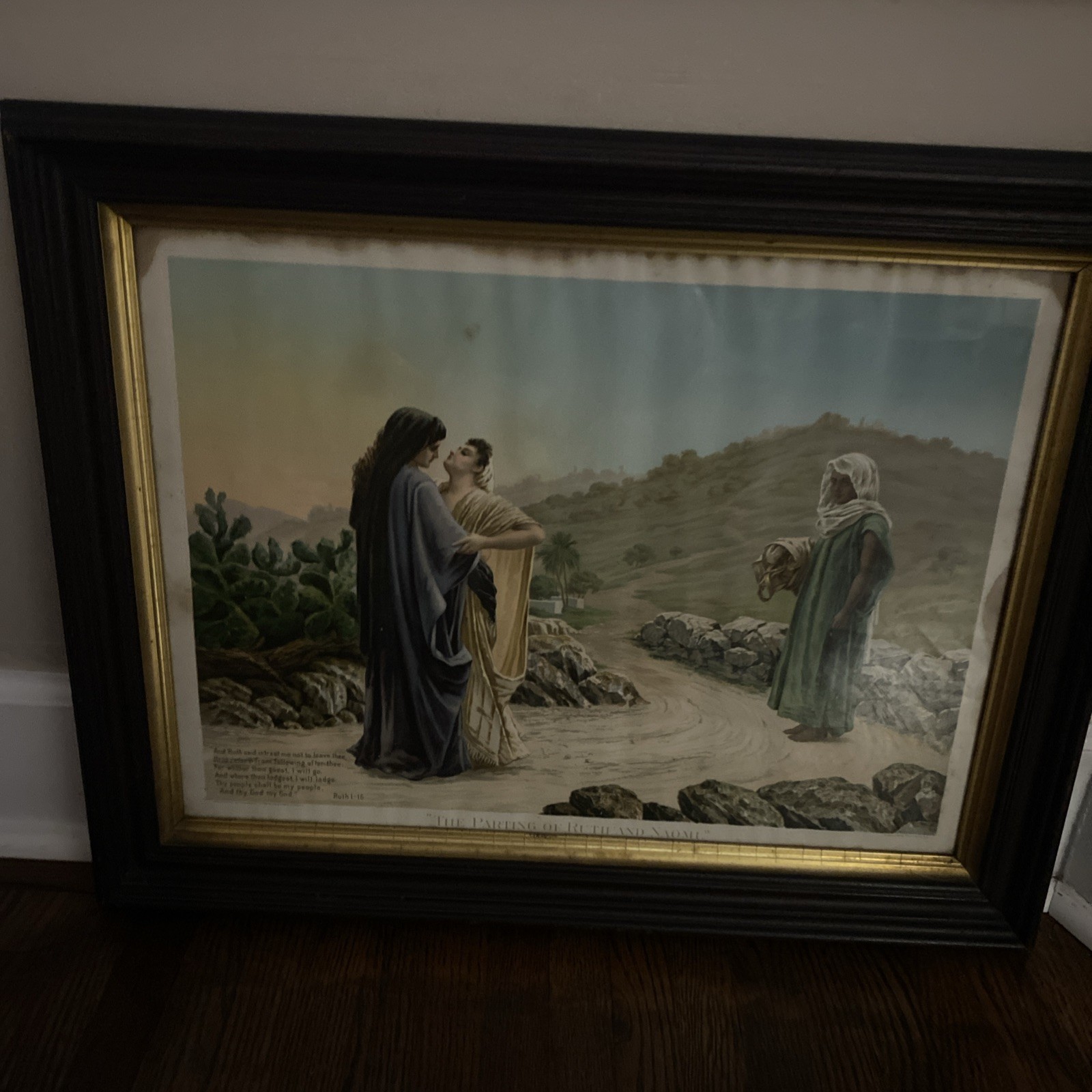 Antique Wood Framed Lithograph The Parting of Ruth and Naomi Board Backing 1800s
