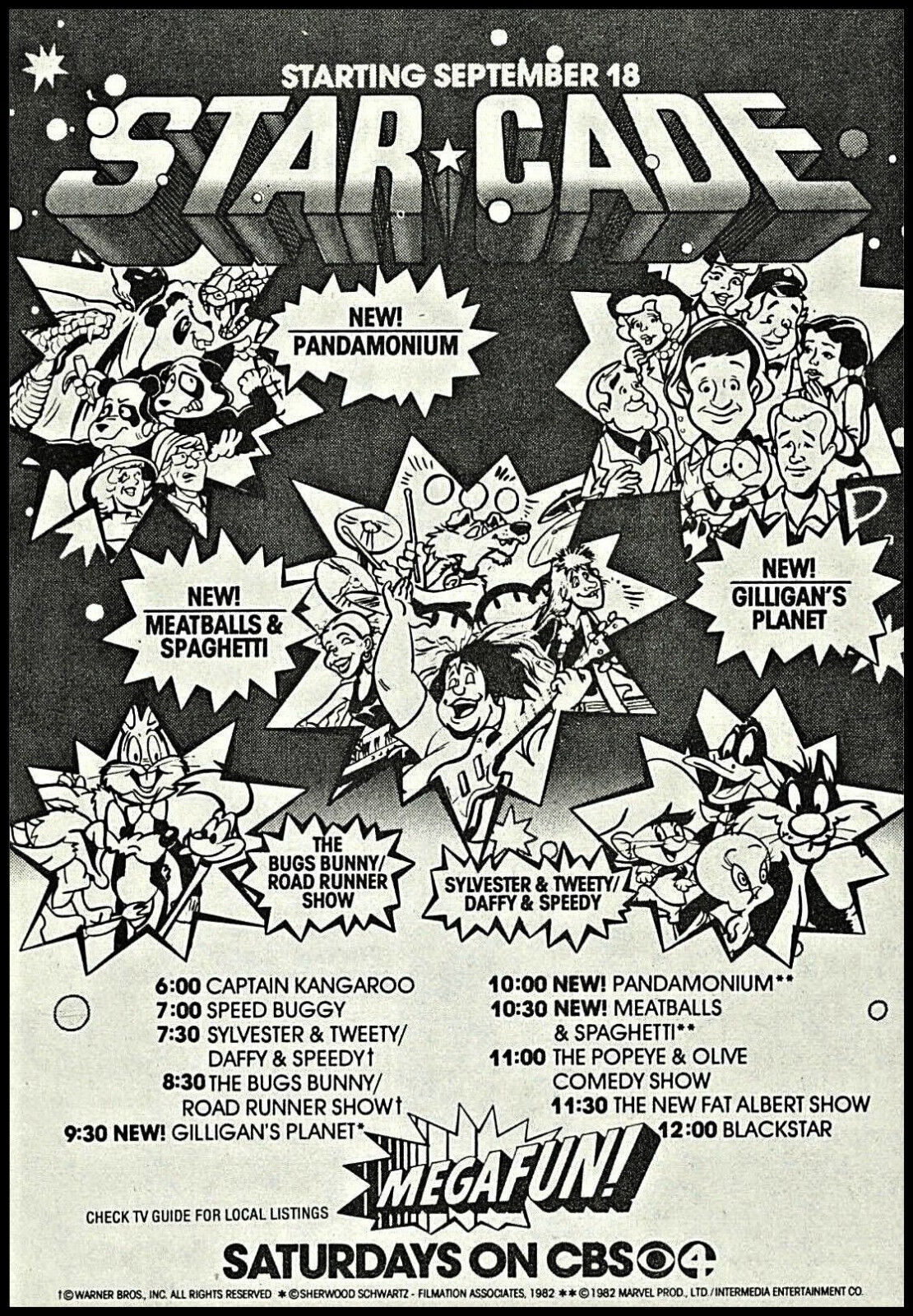 1982 Tv Ad CBS Saturday Starcade Cartoons~Gilligan's Planet~Bugs~Tweety~Popeye