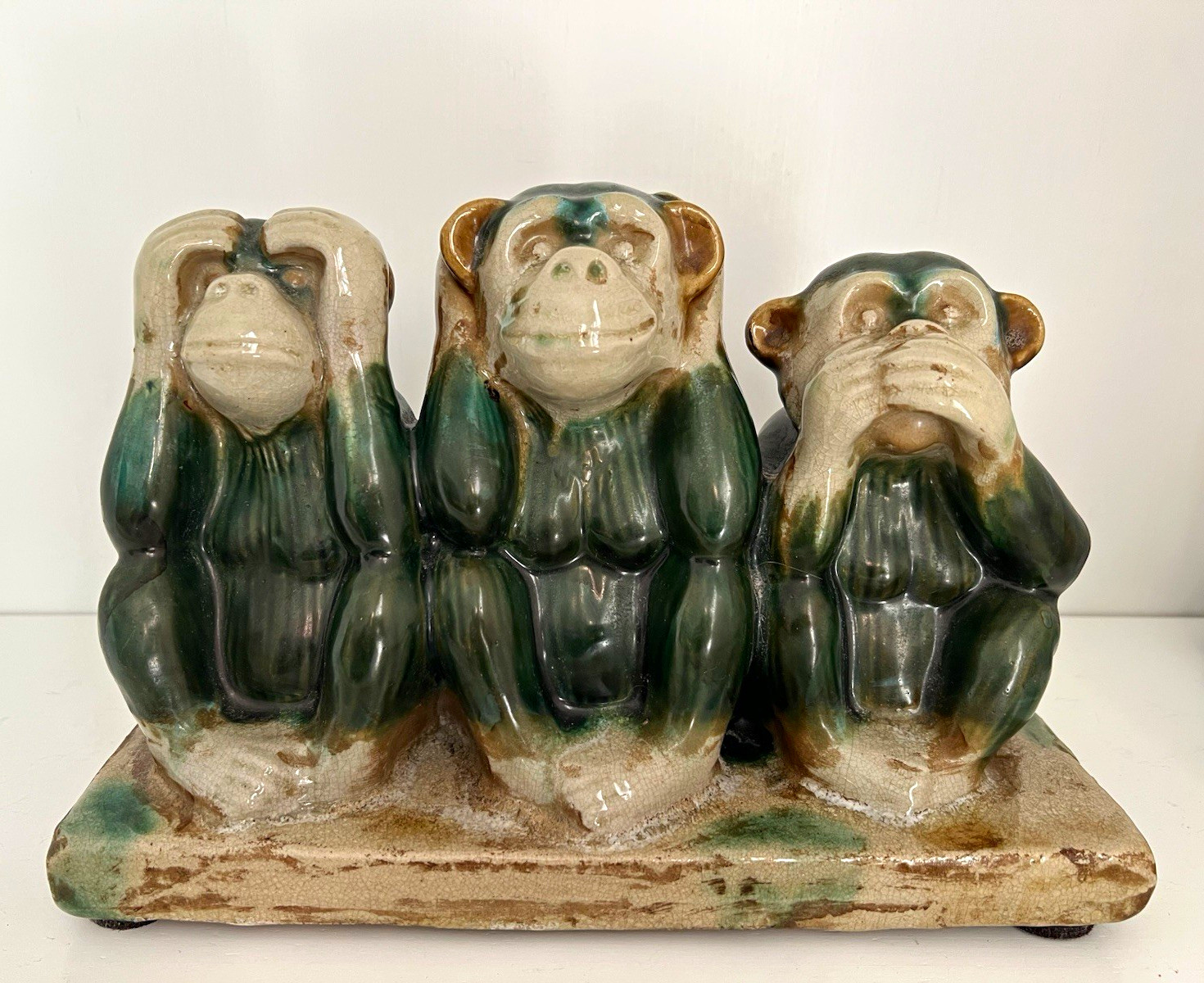 Vintage Three Wise Monkeys Hand Painted Glazed Ceramic Figurine Green/Beige