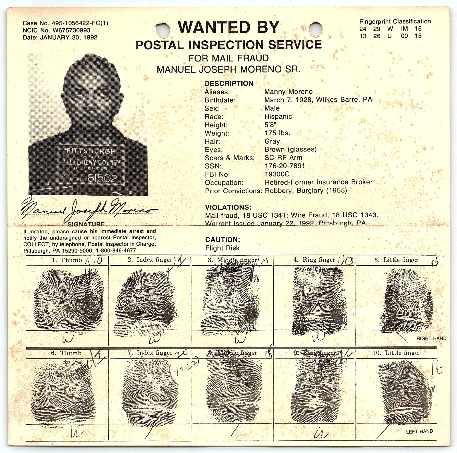 1992 FBI WANTED POSTER MANUEL JOSEPH MORENO SR MAIL AND WIRE FRAUD  Z4972