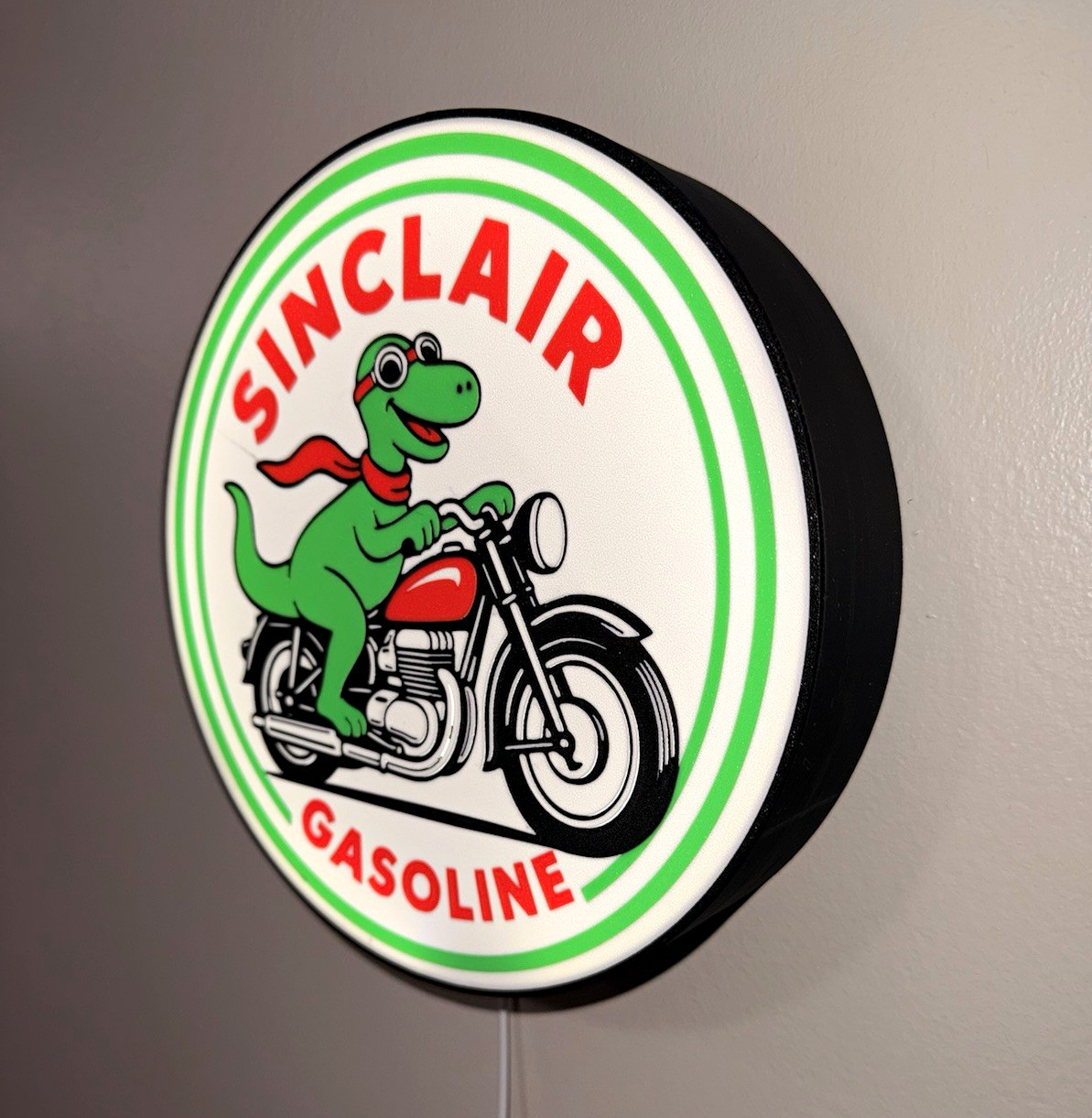 Sinclair Gasoline Dino Motorcycle Round Wall Sign w/ Power Cord – Gas & Oil