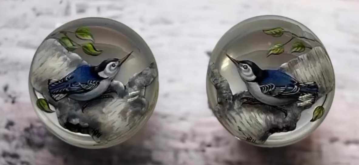 Pair of White Breasted Nuthatch Hand Painted Crystals 20mm