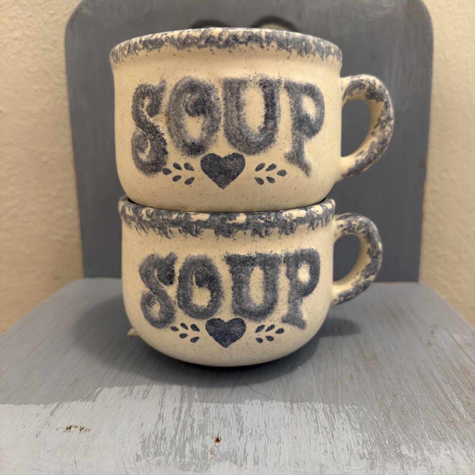 Vintage Style Heart Speckled Soup Mug with Handle Set of 2