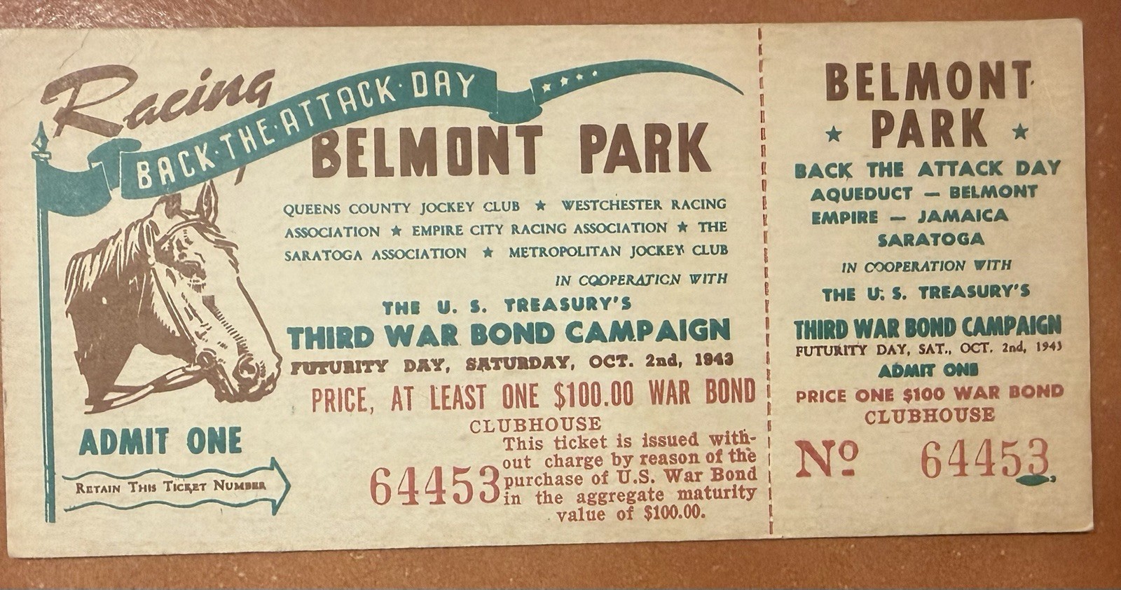 1943 Belmont Park Back the Attack War Bond Full Ticket WWII Futurity Day Oct 2