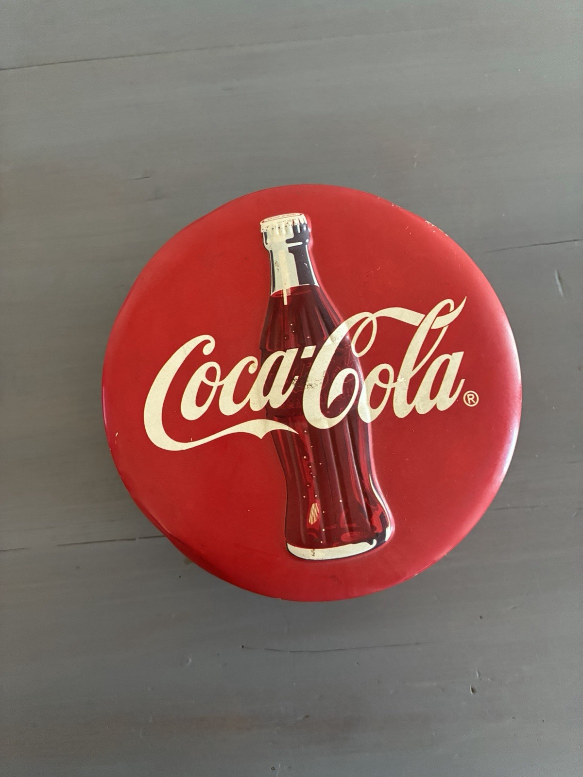 Coca-Cola Metal Tin Lot of 2 Bottle Shaped & Round Coke Advertising Tins
