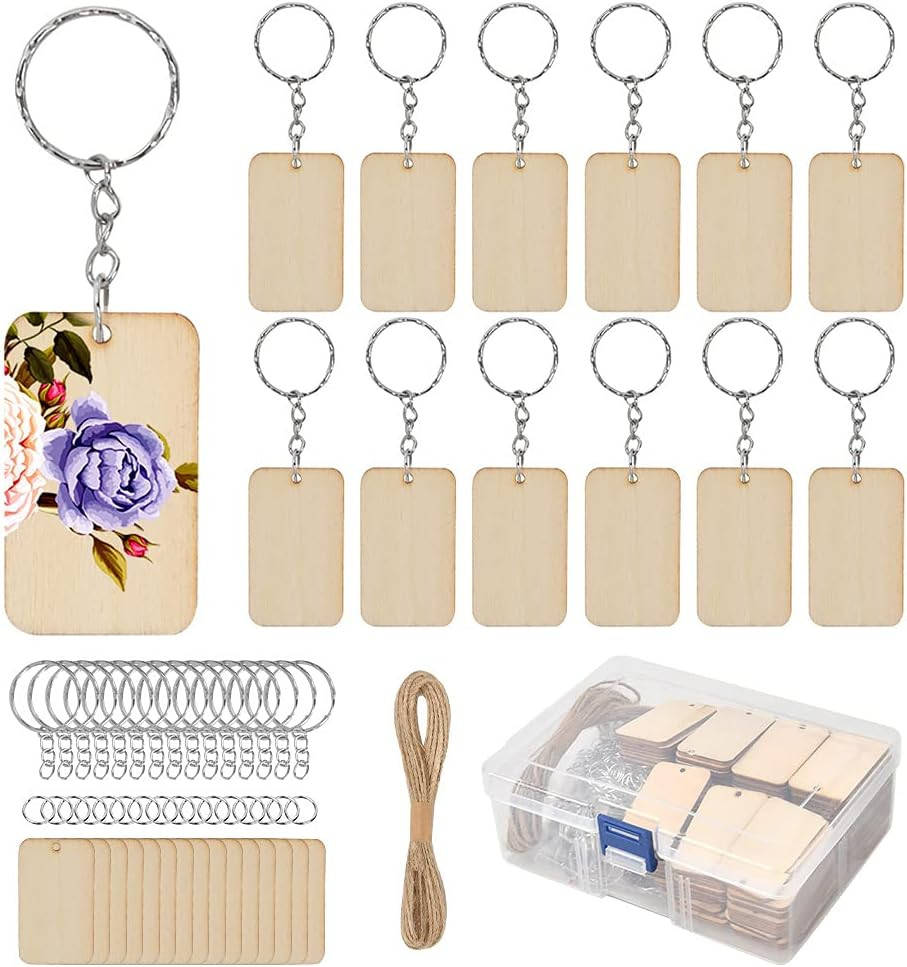80 Pack Unfinished Wooden Keychain Blanks with Key Rings Hemp Rope DIY Crafts