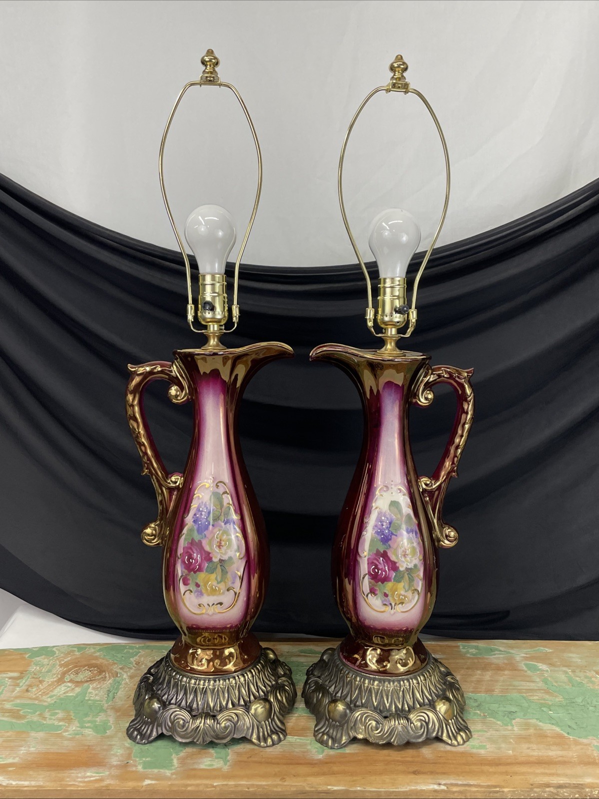 Pair RESTORED Antique Vtg Table Lamps French Sevres Limoges Style Burgundy Roses