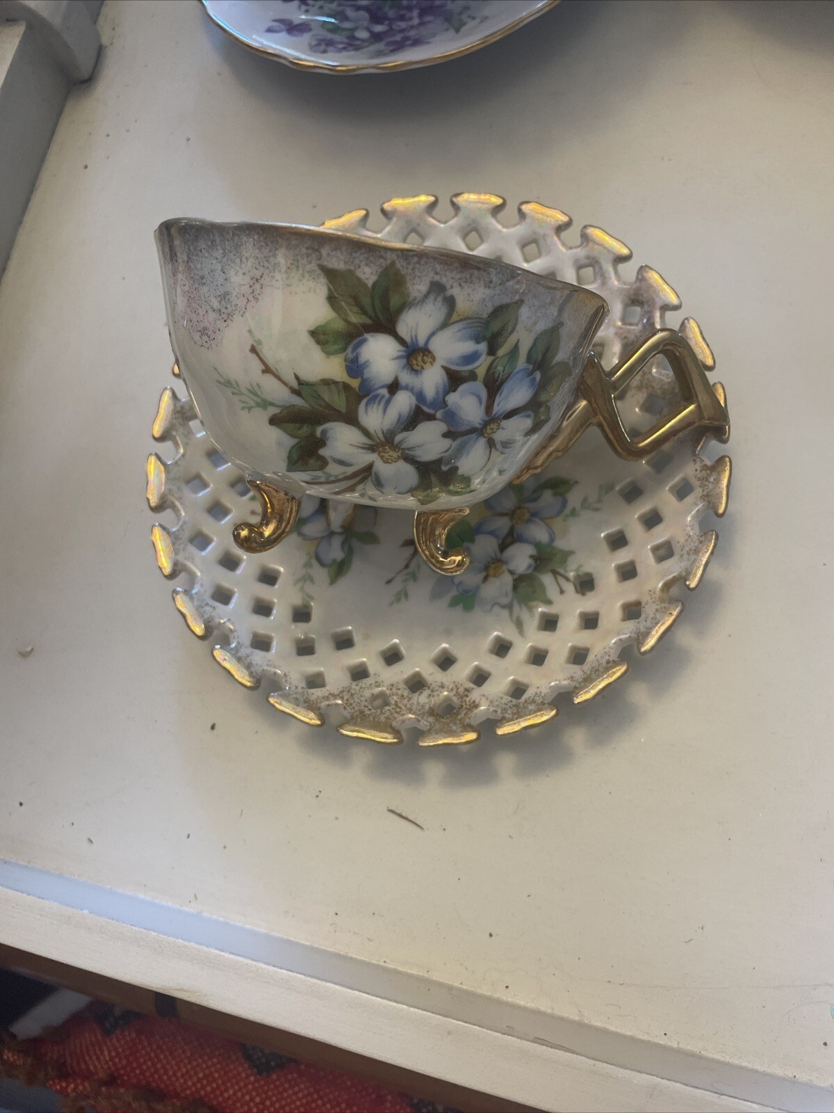 Vintage Original Japan China Tri-footed teacup and Reticulated Lattice saucer