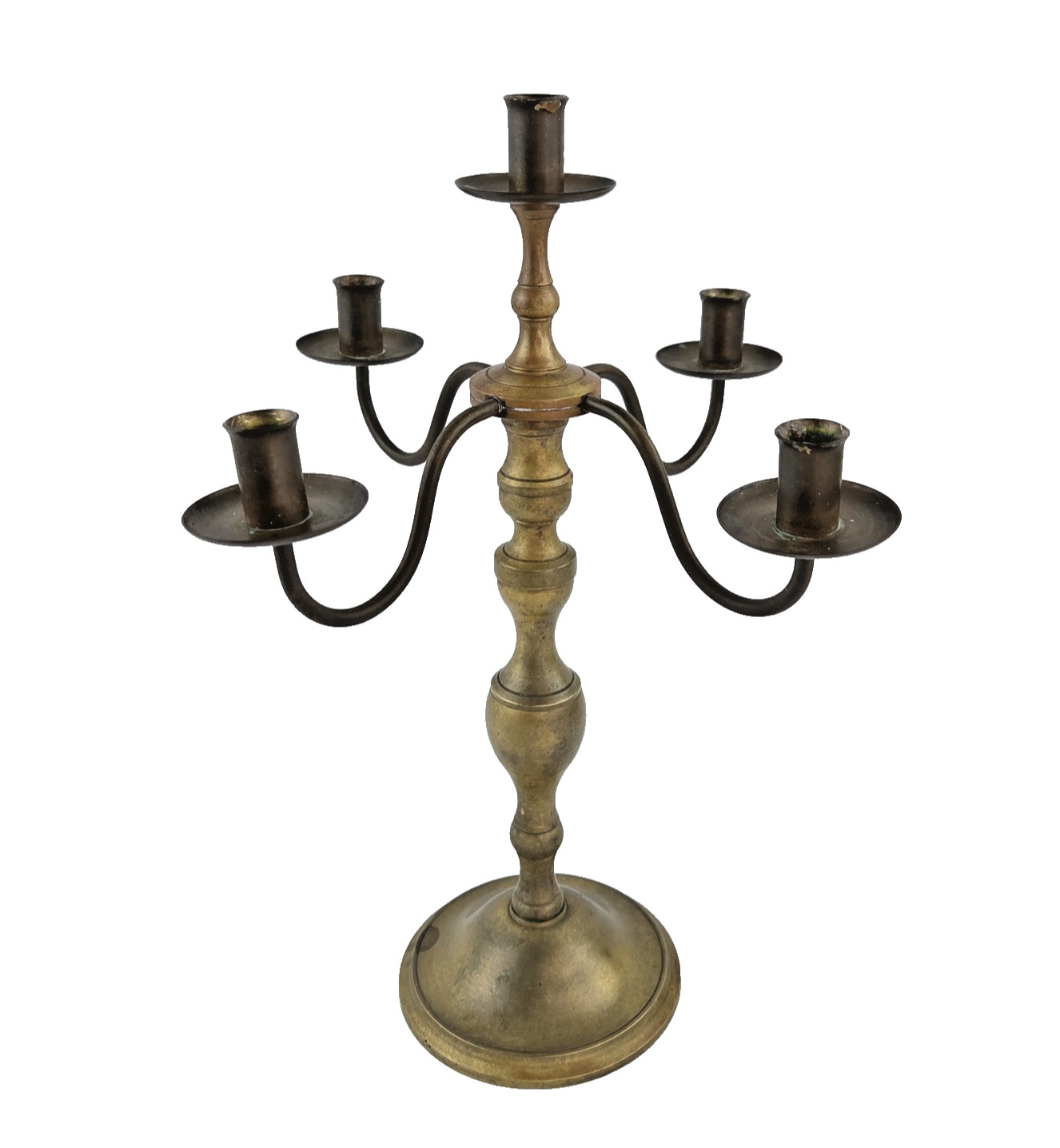 Mid Century Modern Solid Brass Candelabra - 5 Candle 4 Arm Rustic Patina 11”