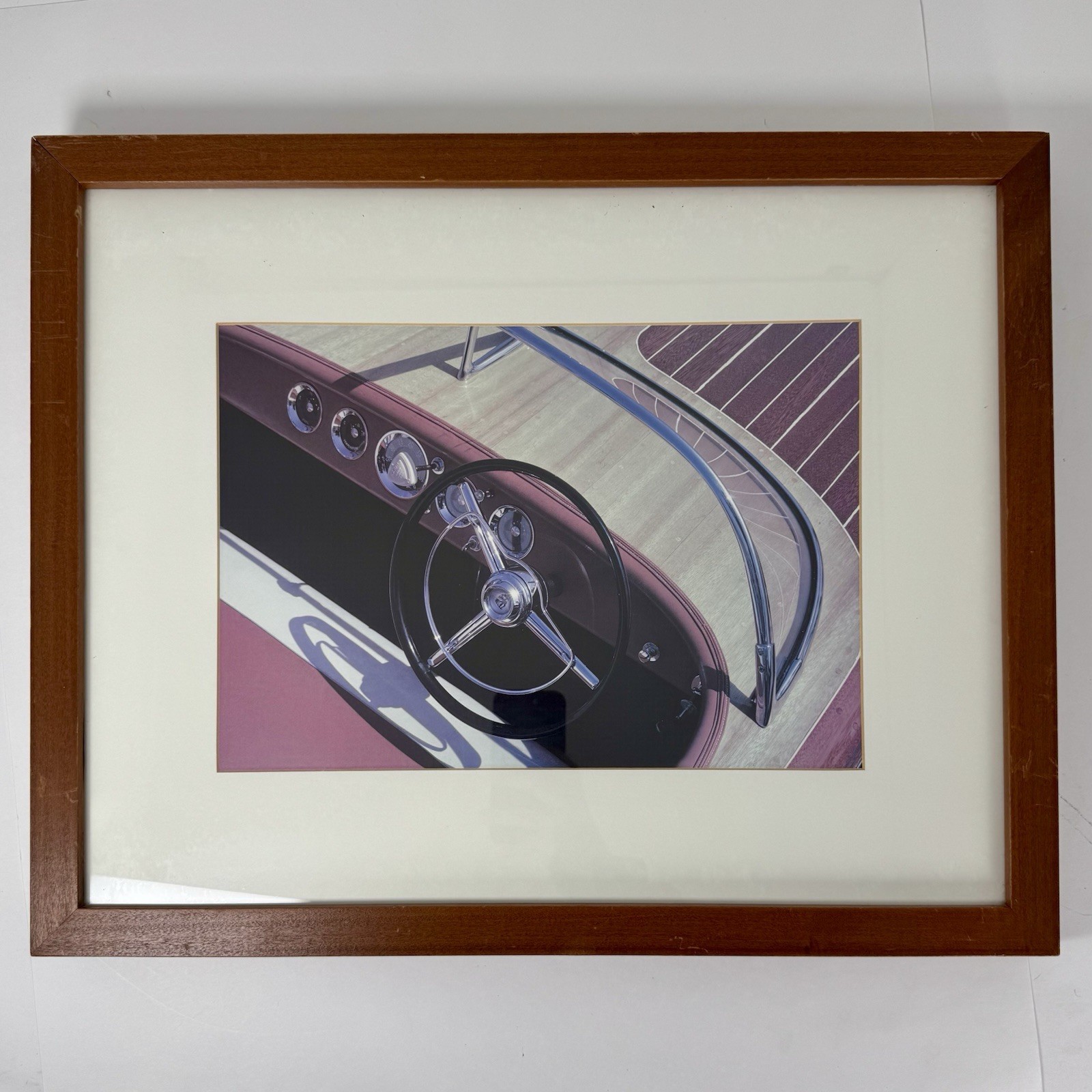 Vintage Wooden Speedboat Cockpit Framed Print Classic Runabout Boat Photo 17x21