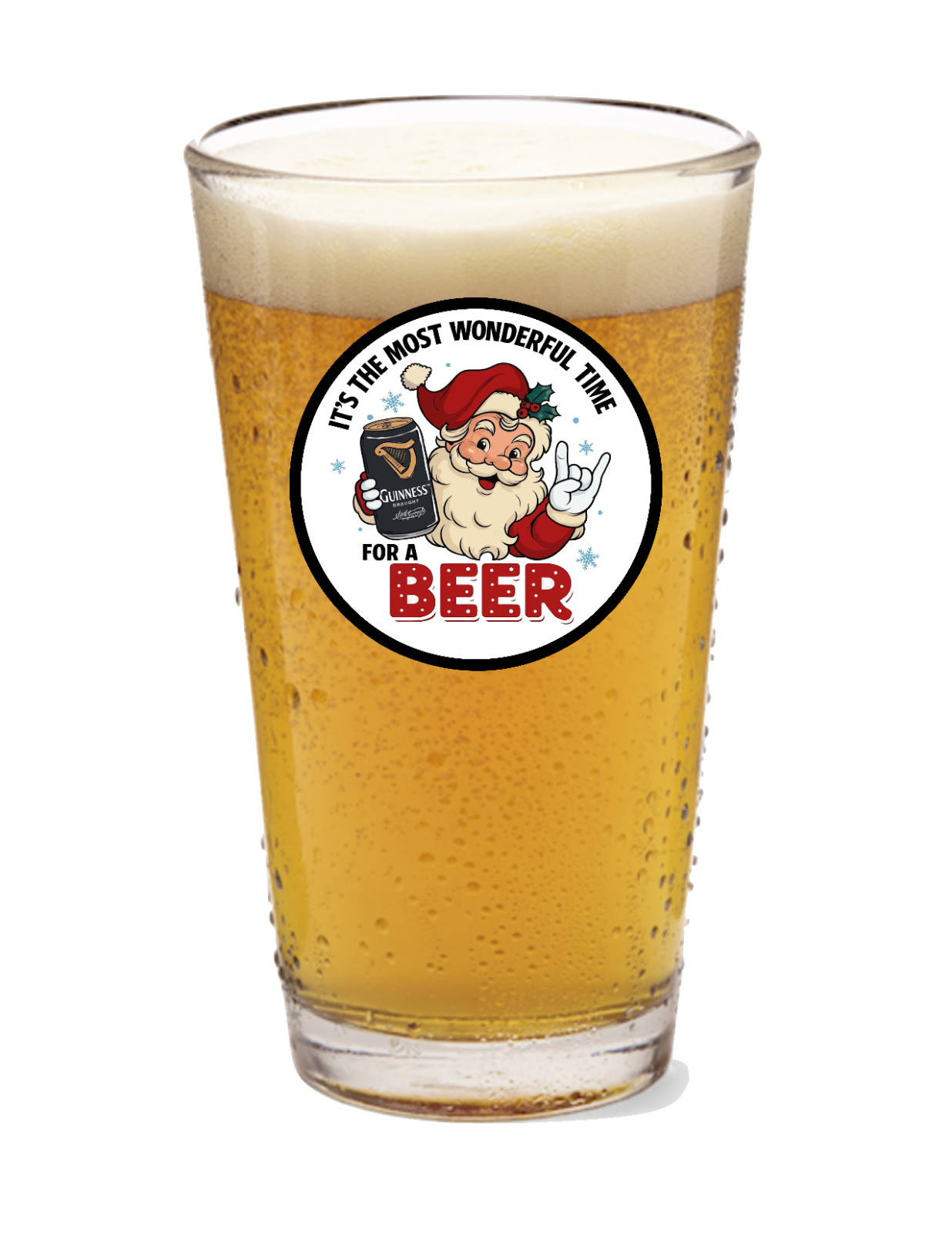 Christmas Wonderful Time For A Guinness - 16oz Pint Beer Glass Handmade Barware